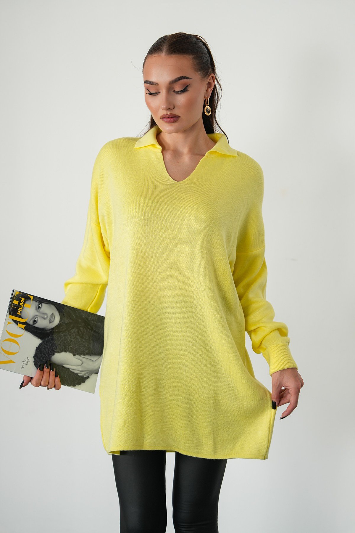 Oversize Polo Yaka Triko Kazak-Sarı
