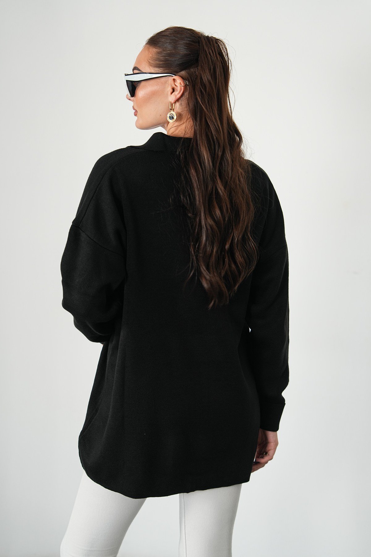 Oversize Polo Yaka Triko Kazak-Siyah
