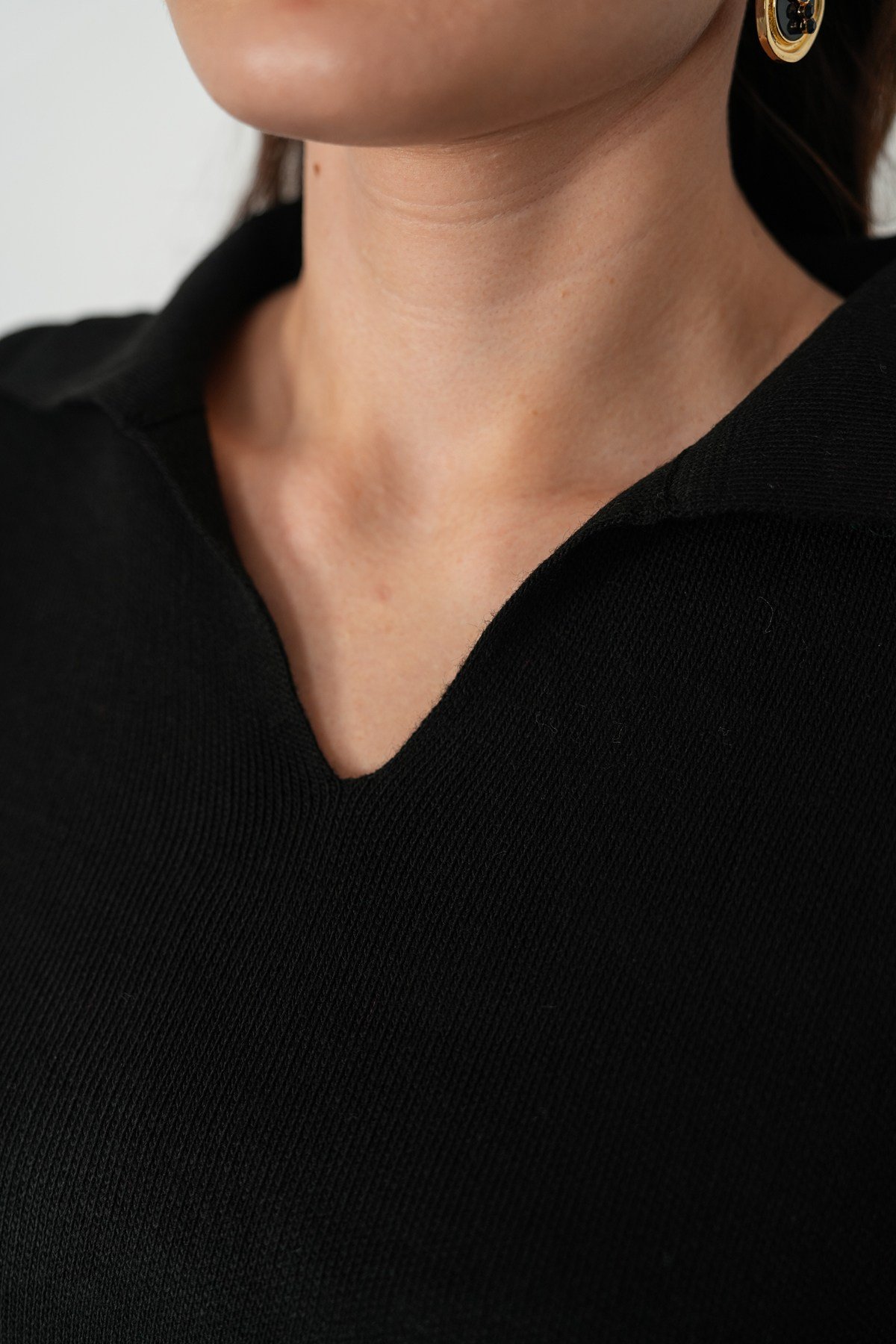Oversize Polo Yaka Triko Kazak-Siyah