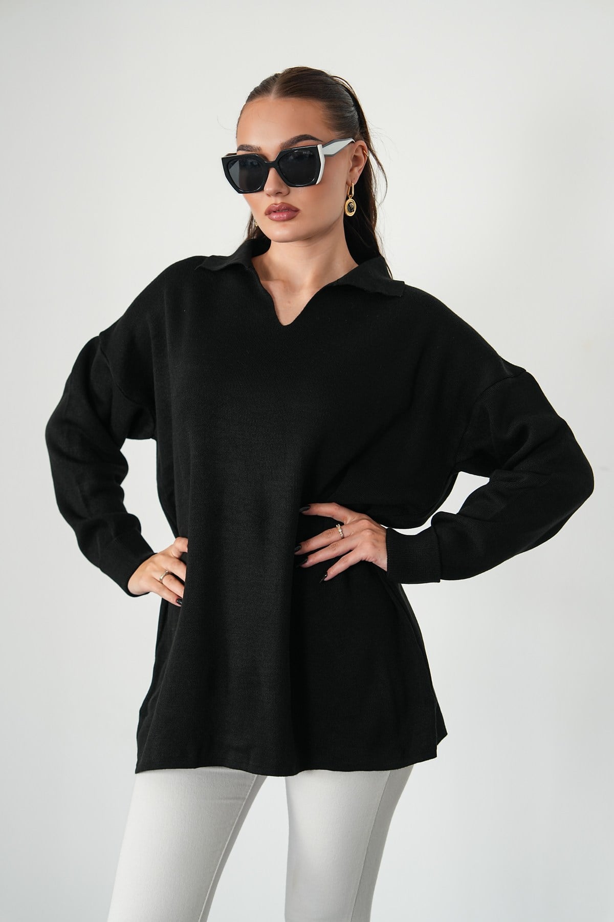 Oversize Polo Yaka Triko Kazak-Siyah