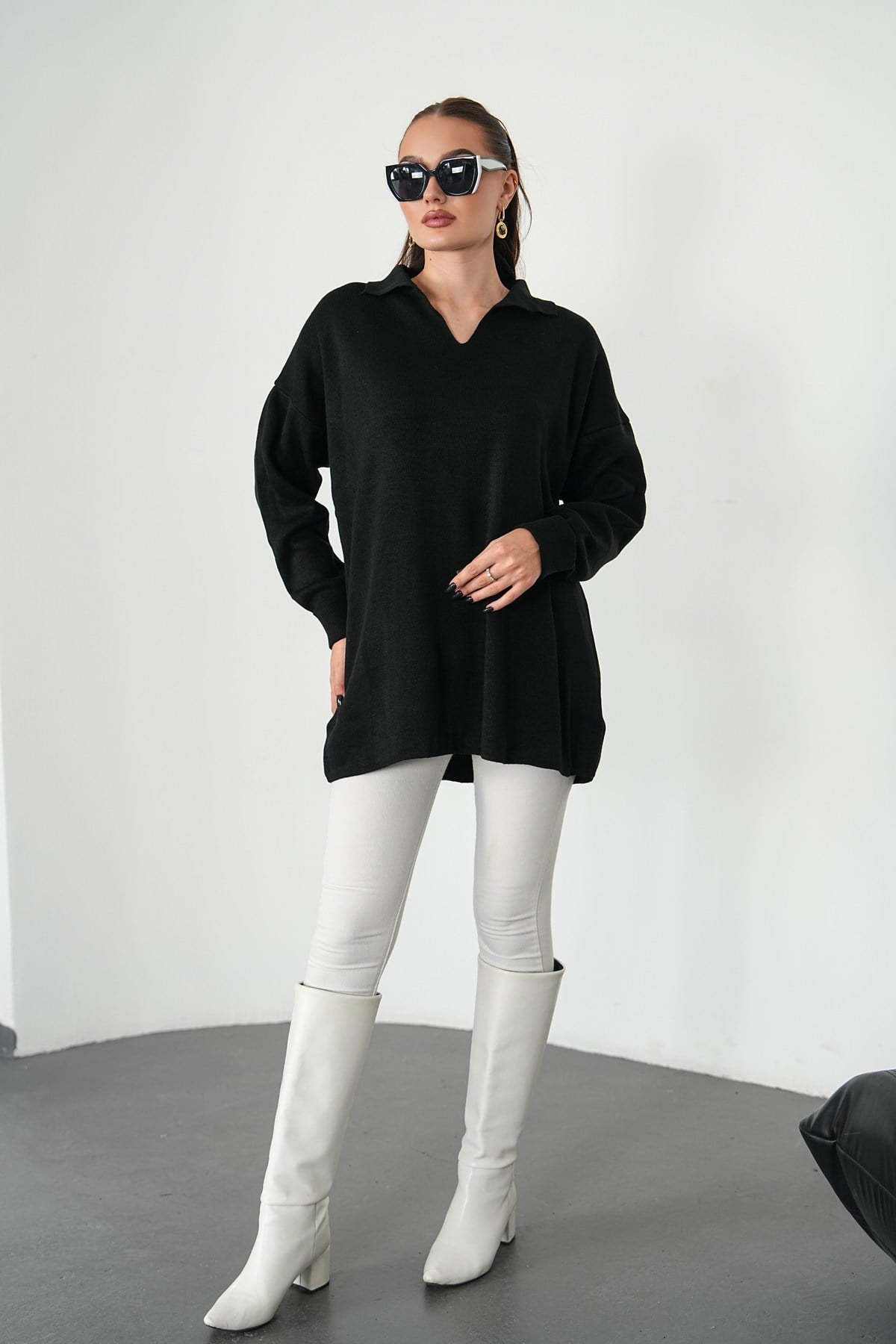 Oversize Polo Yaka Triko Kazak-Siyah
