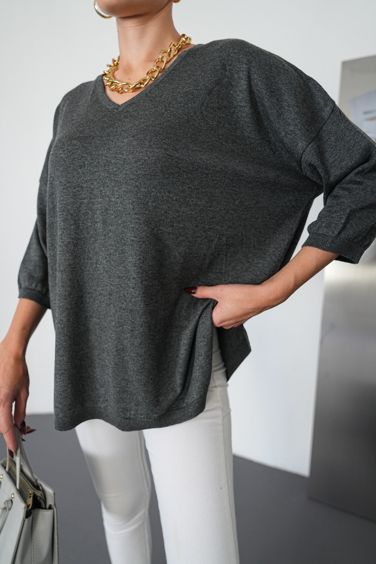 Oversize V Yaka Triko Kazak