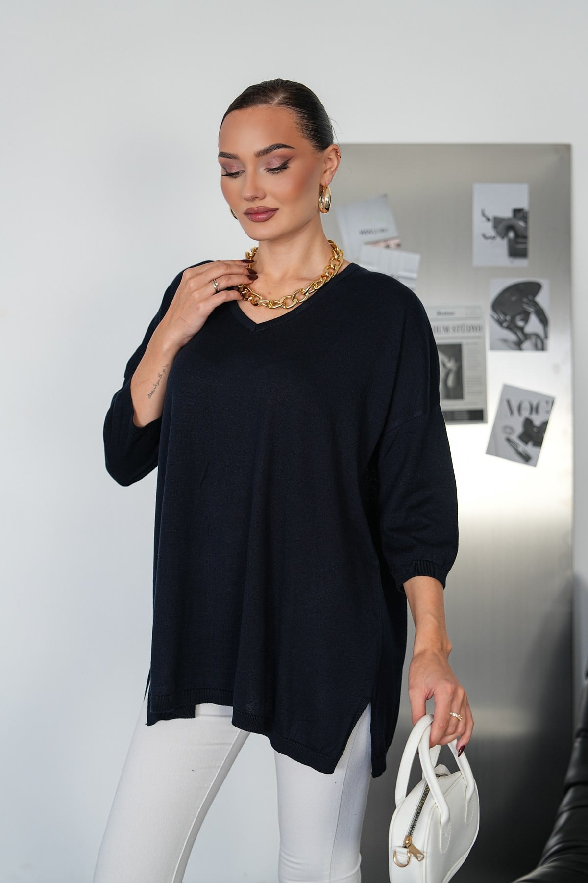 Oversize V Yaka Triko Kazak