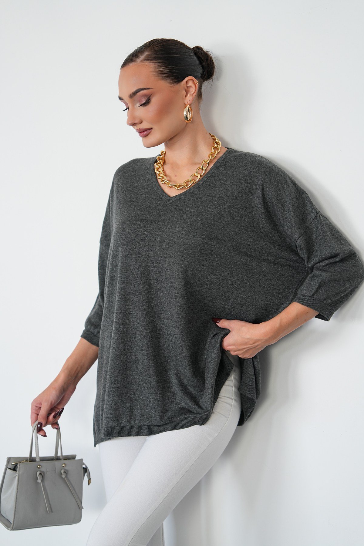 Oversize V Yaka Triko Kazak