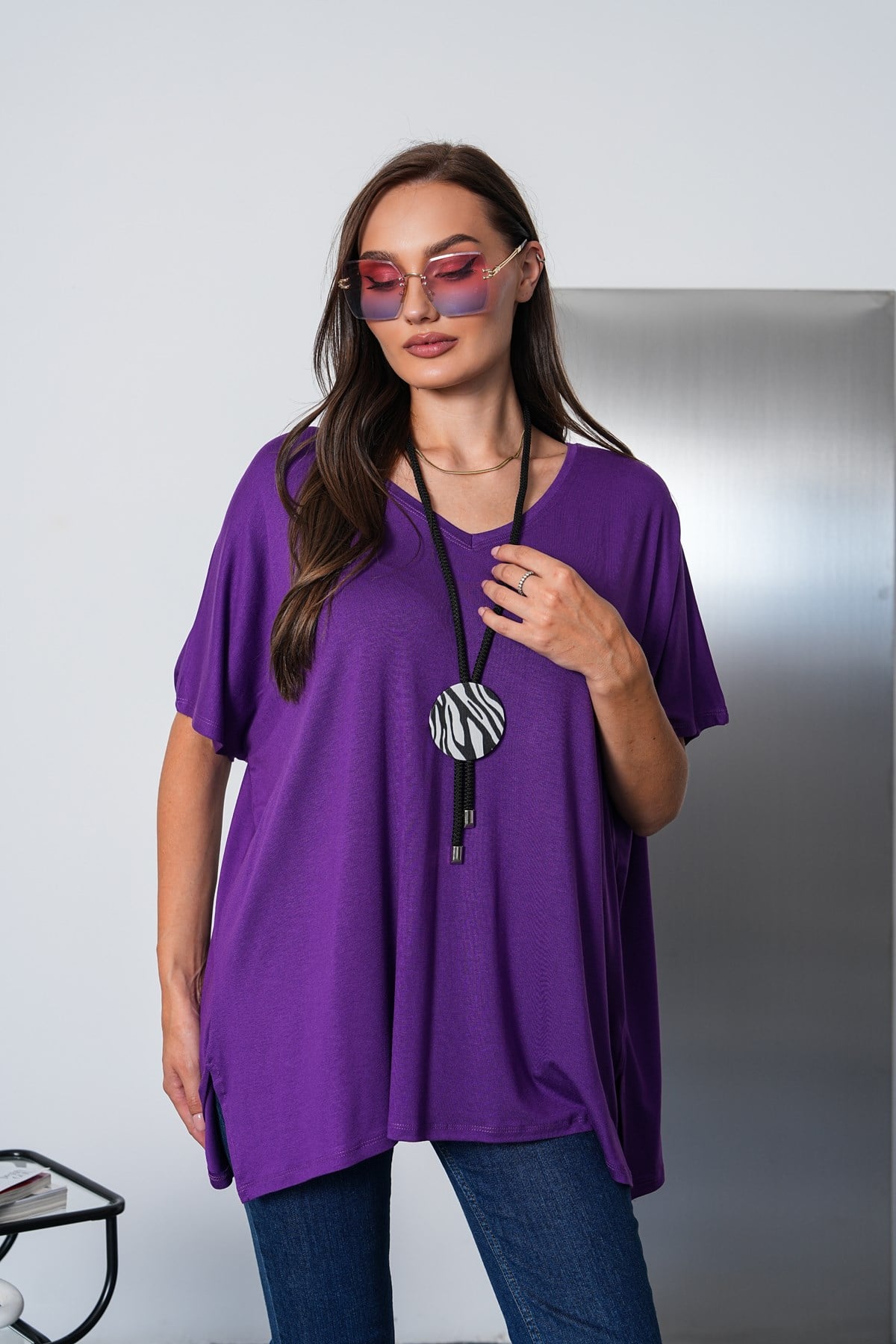 Oversize V Yaka Viskon T-Şhirt-Mor