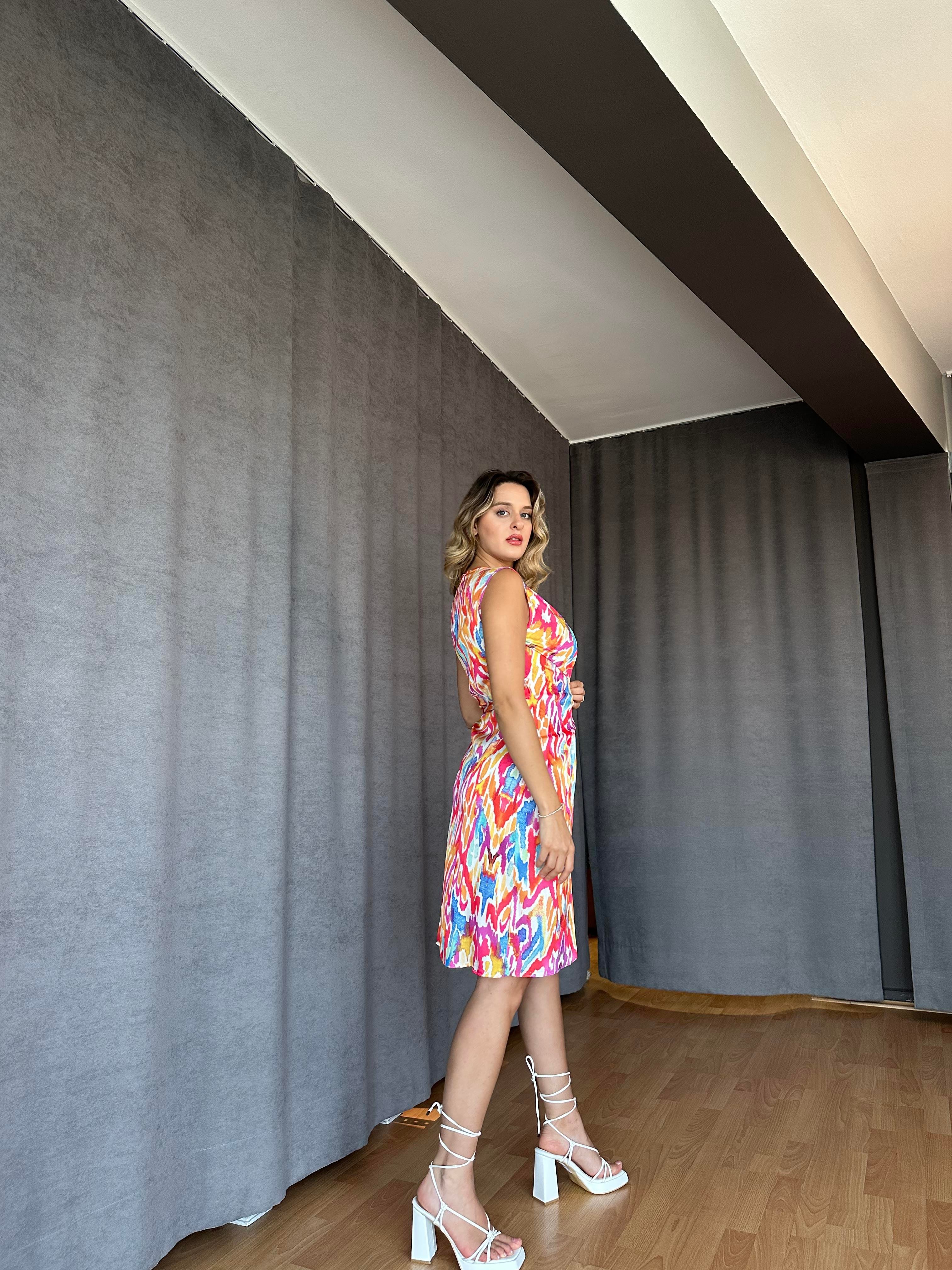 Pembe Mavi Saten Elbise-Bodrum