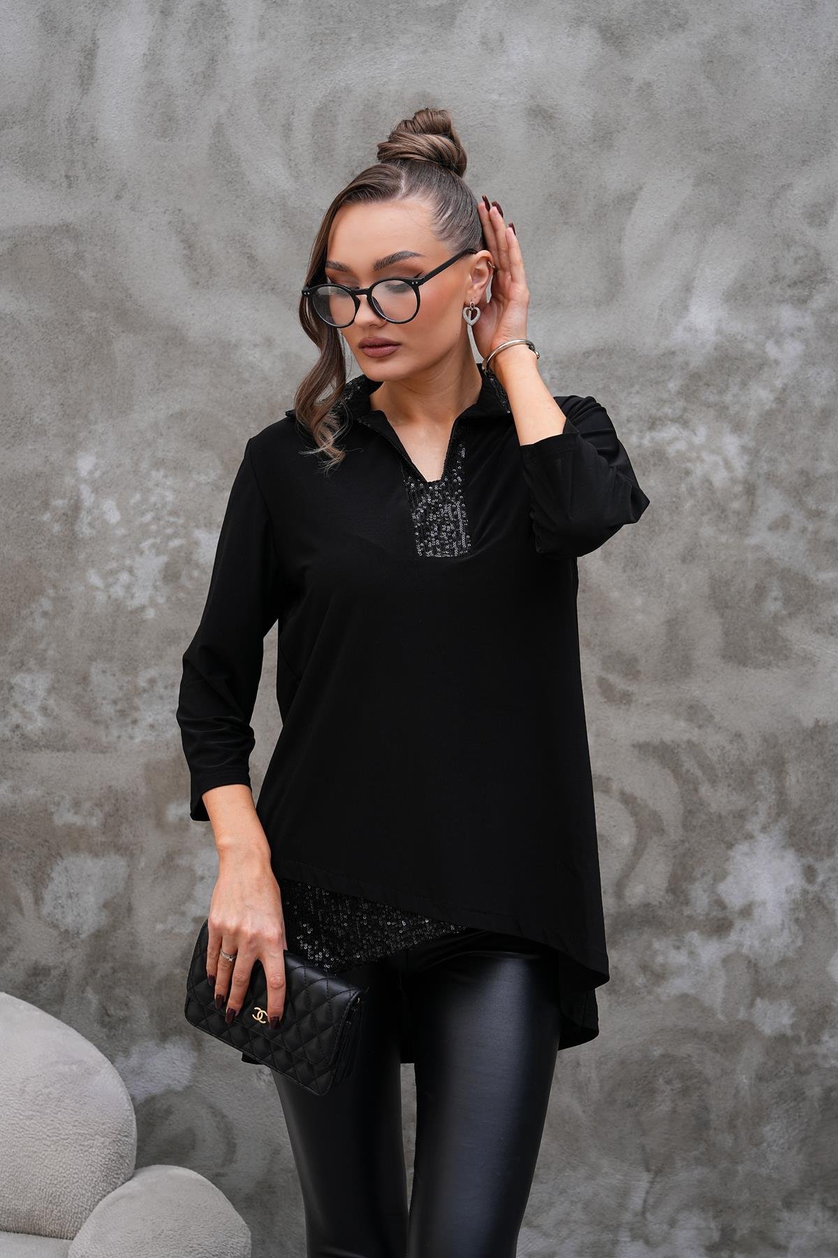 Polo Yaka Payet Detaylı Bluz-Siyah