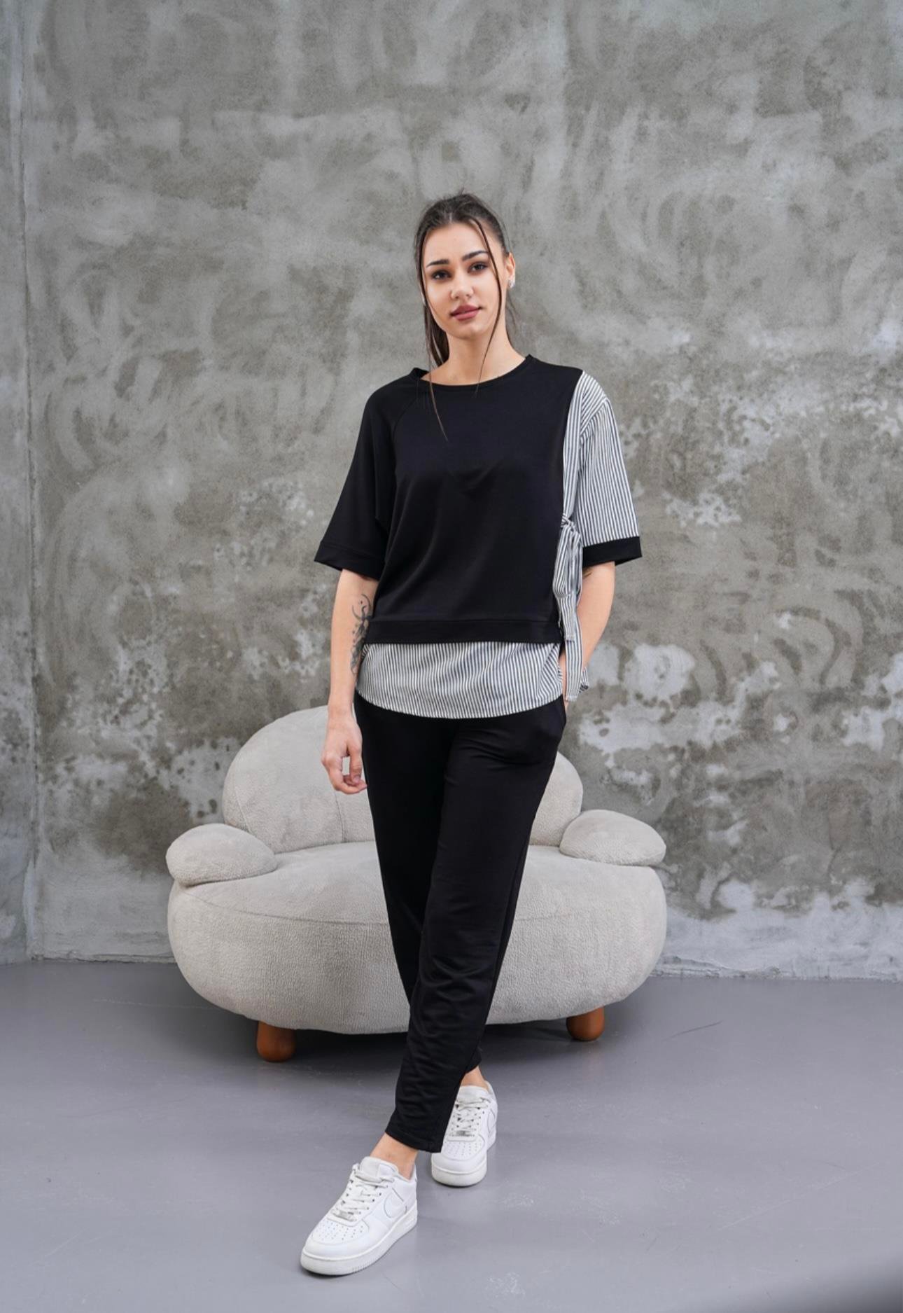 Poplin Garnilli Yandan Bağlamalı Eşofman Takım-Siyah