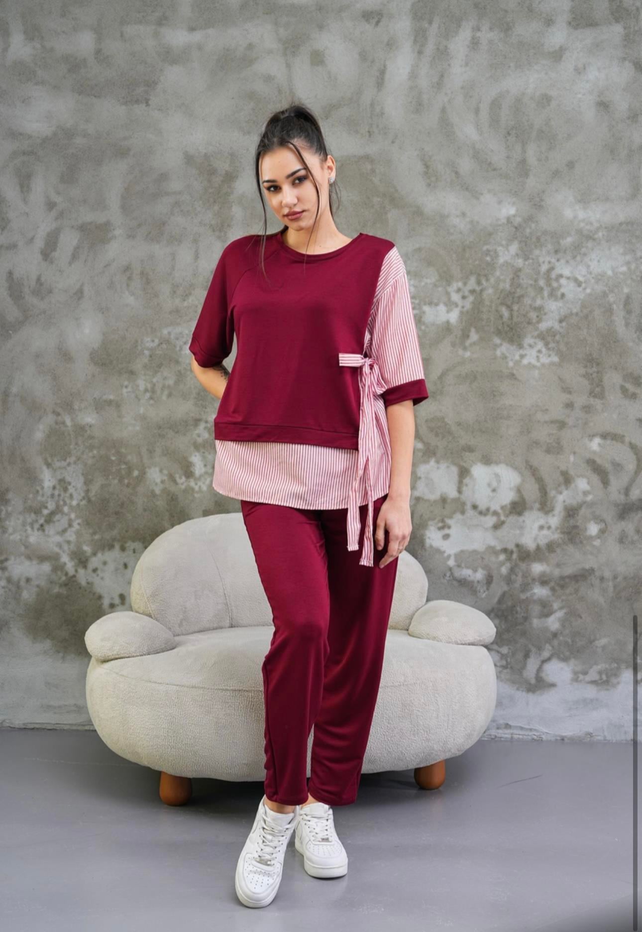 Poplin Garnilli Yandan Bağlamalı Eşofman Takım-Bordo