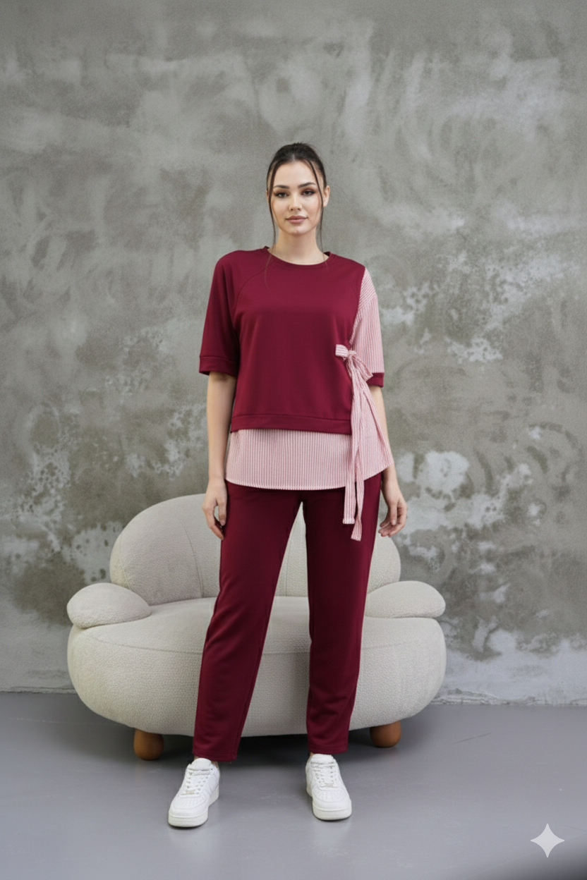 Poplin Garnilli Yandan Bağlamalı Eşofman Takım-Bordo