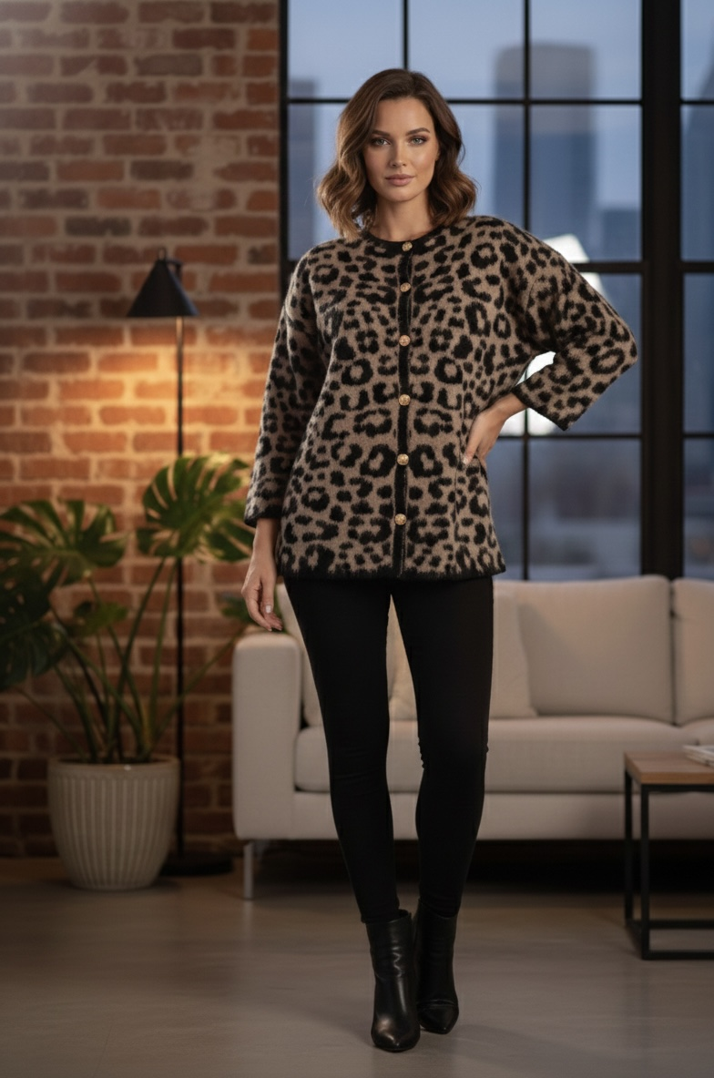 Premıum Kalite Oversize Leopar Desenli Ceket