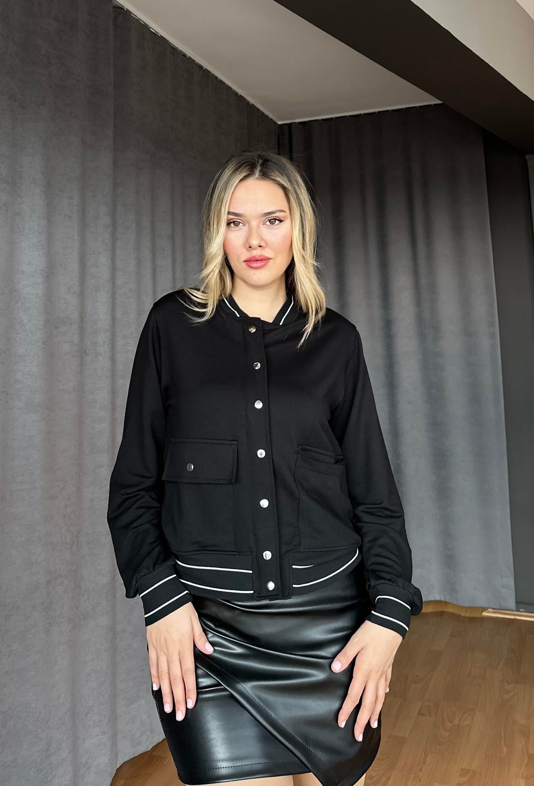 Ribanalı Çıtçıtlı Sweat Ceket-Siyah