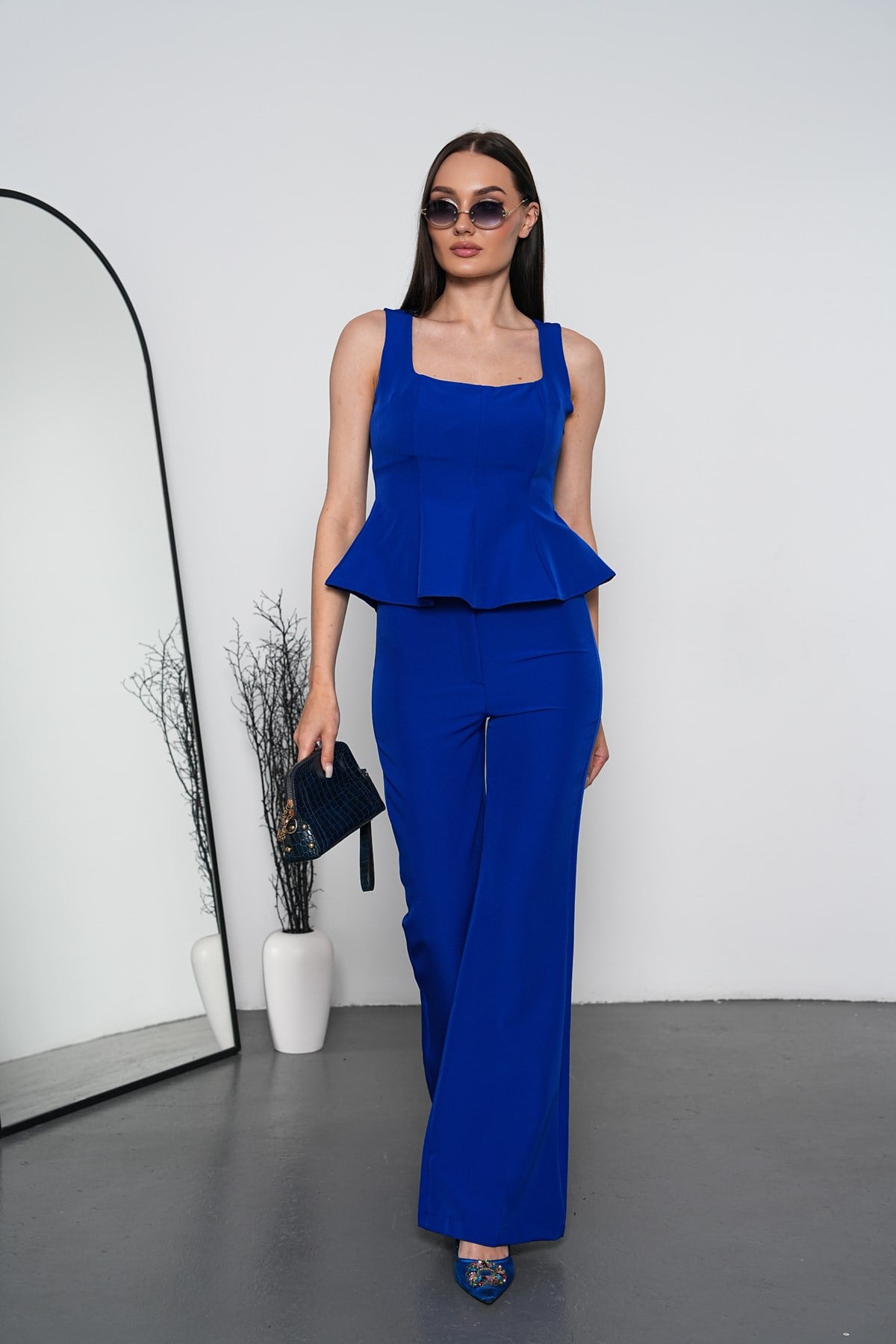 Saks Mavi Kare Yaka Bluz Pantalon Takım