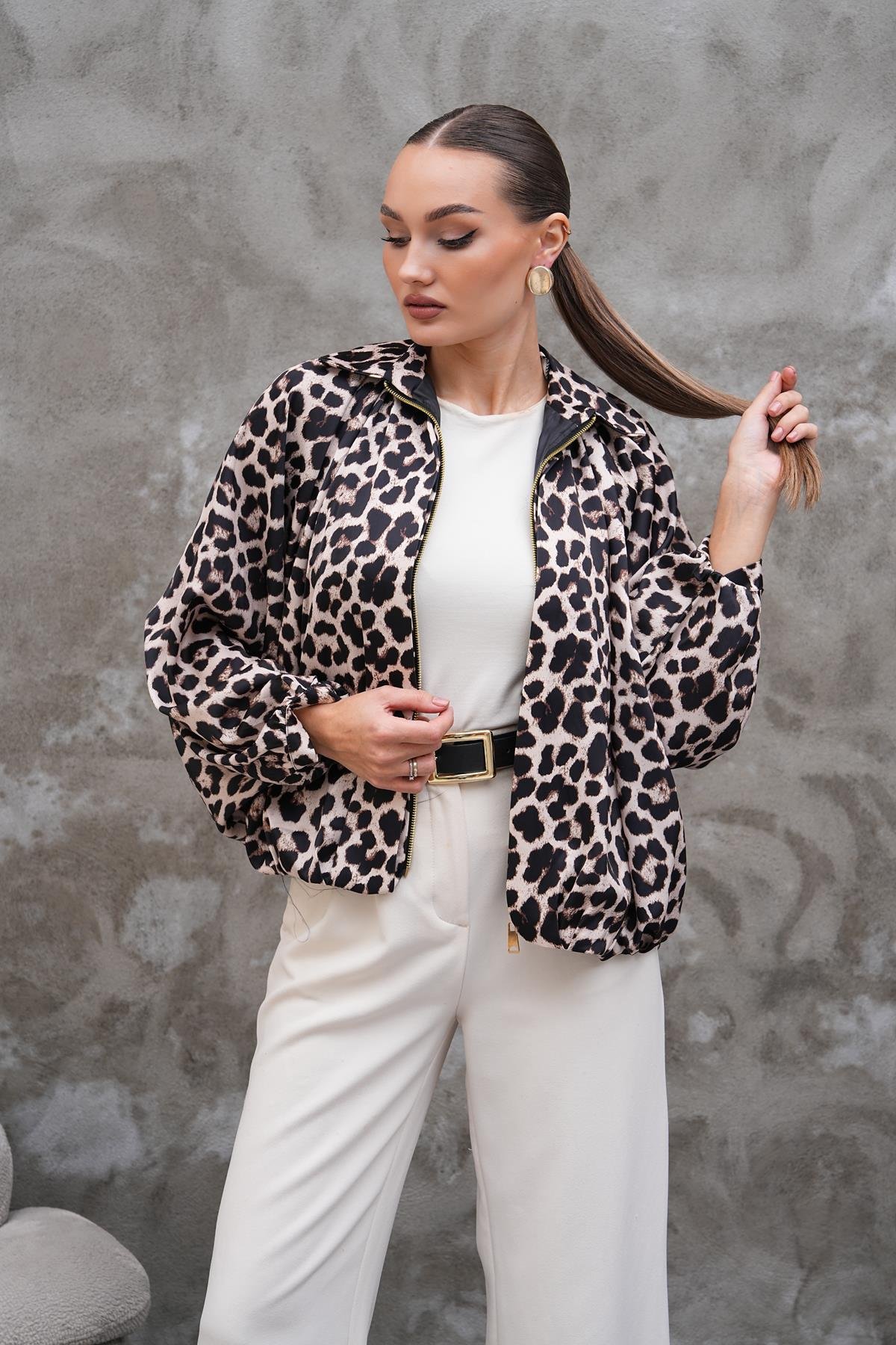 Saten Leopar Desen Ceket