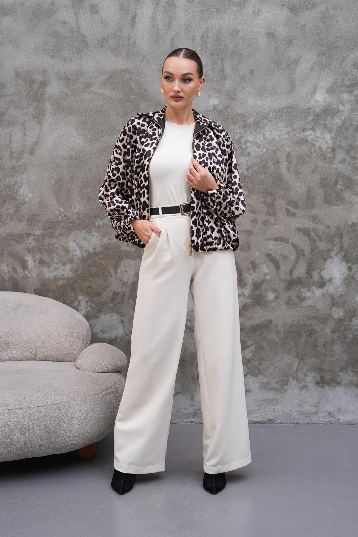 Saten Leopar Desen Ceket