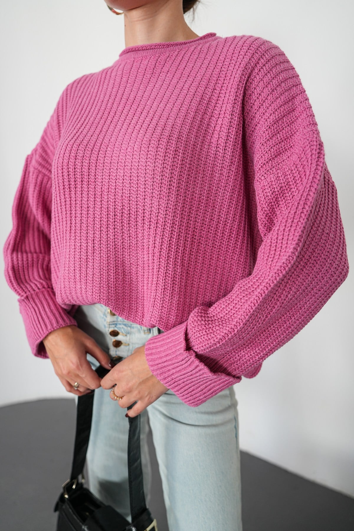 Selanik Örme Triko Kazak-Pembe