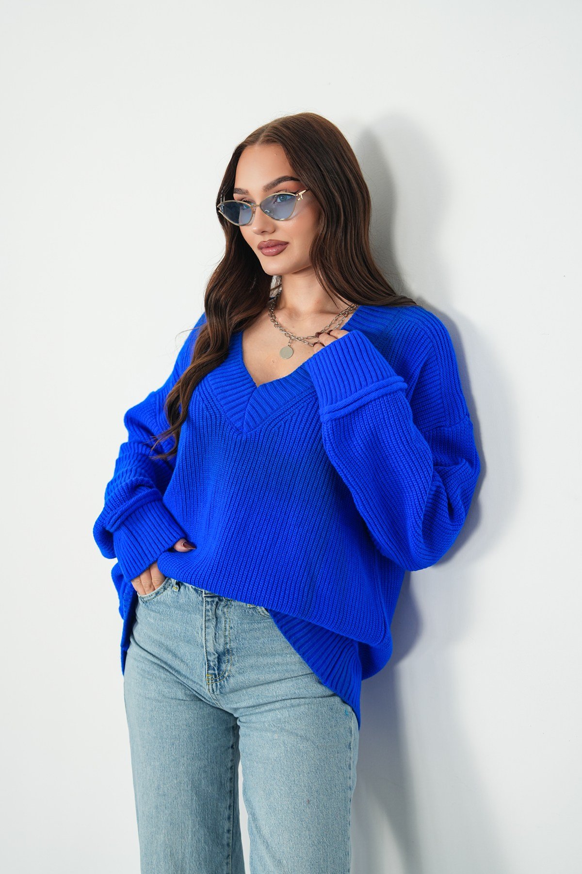 Selanik Örme V Yaka Oversize Kazak