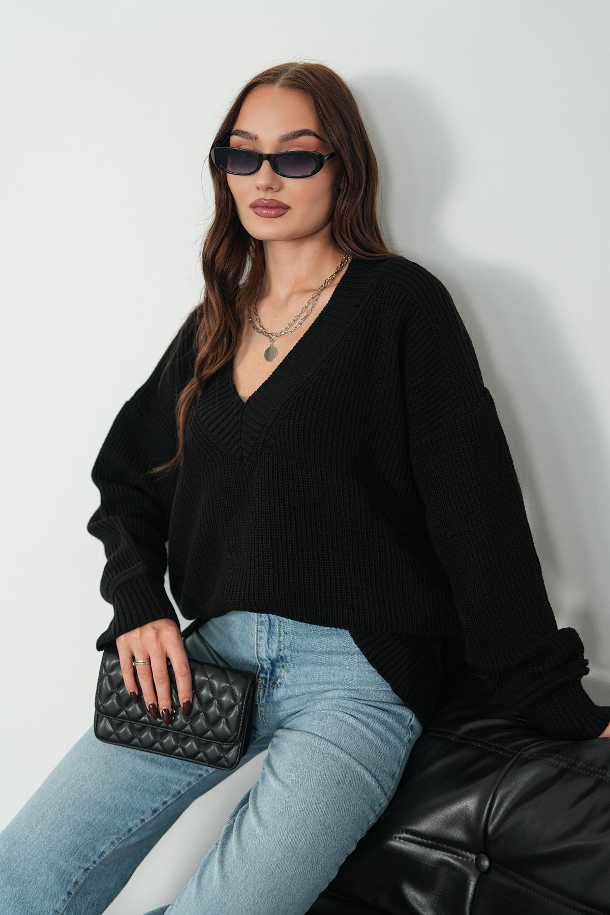 Selanik Örme V Yaka Oversize Kazak