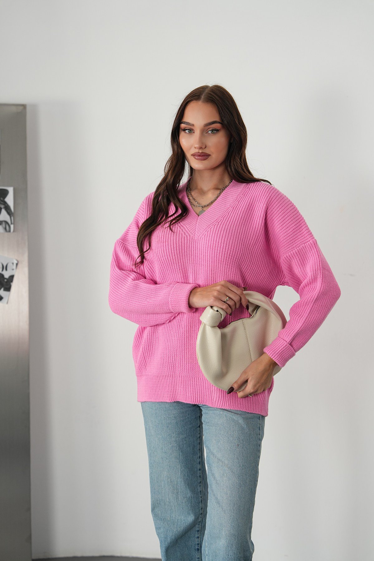 Selanik Örme V Yaka Oversize Kazak