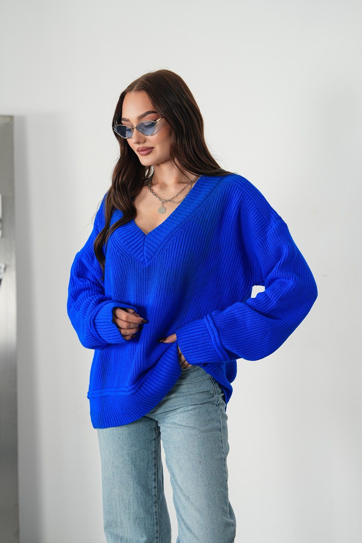 Selanik Örme V Yaka Oversize Kazak