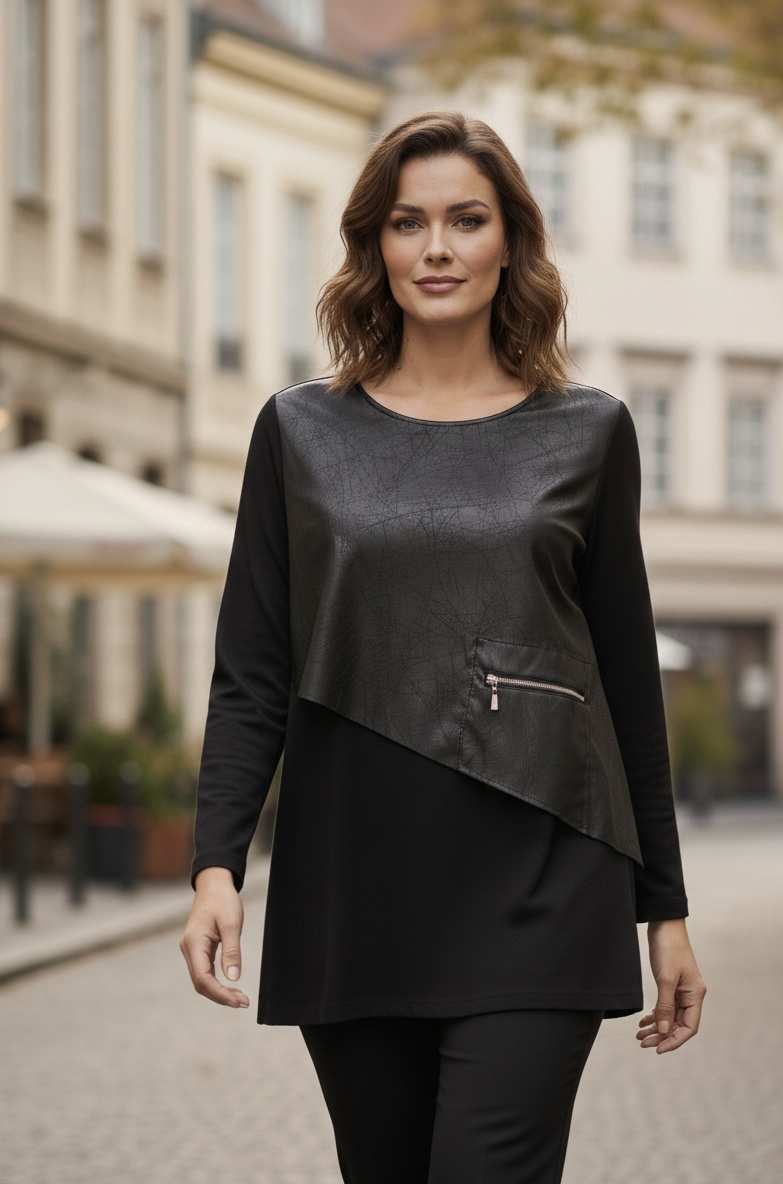 Tunik Deri Detaylı Triko-Siyah