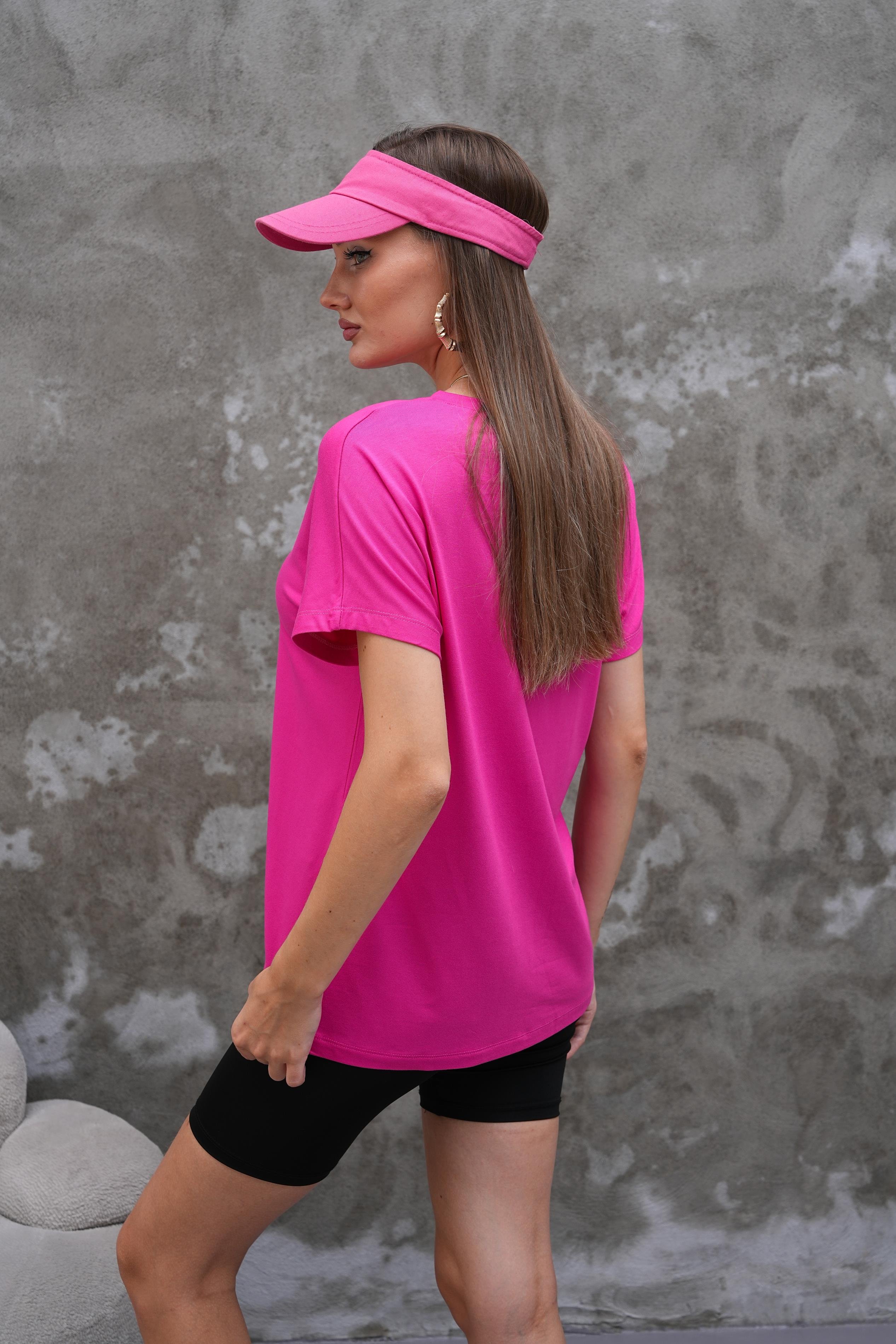 V Yaka Bambu Viskon T-Şhirt-Fuşya Pembe