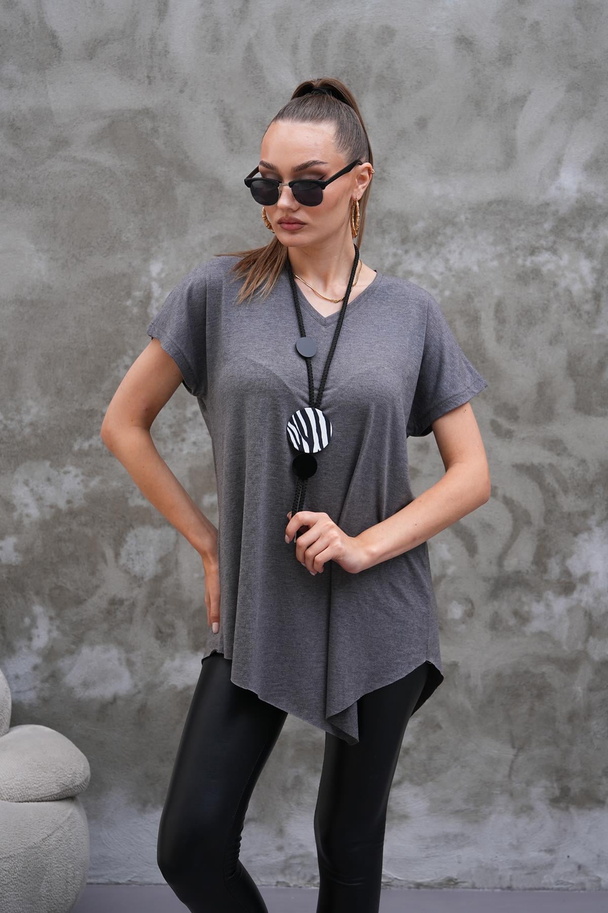 V Yaka Verev Salaş Tunik-Gri