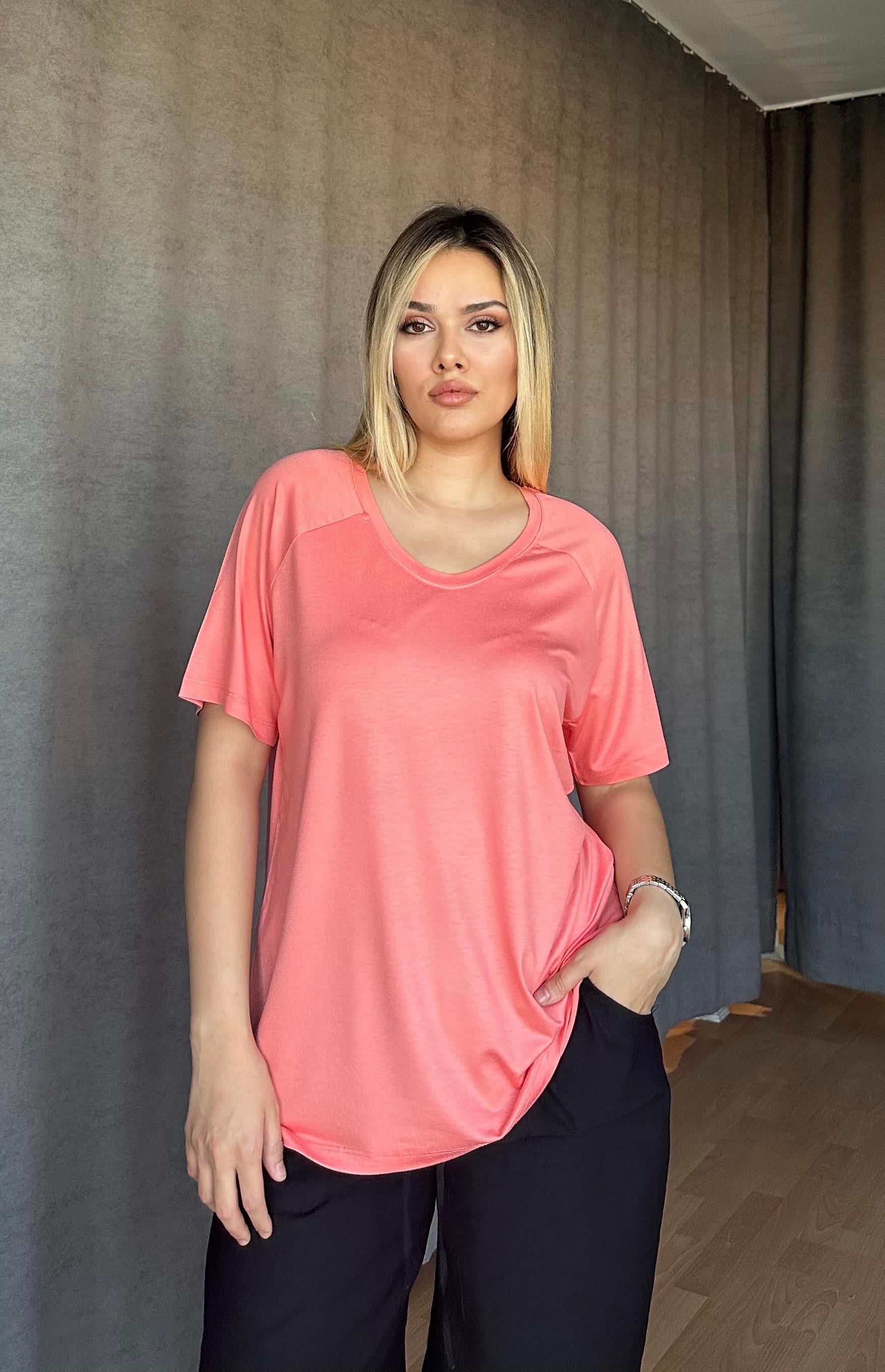 Viskon Penye Basic Tişört Somon-Rusya