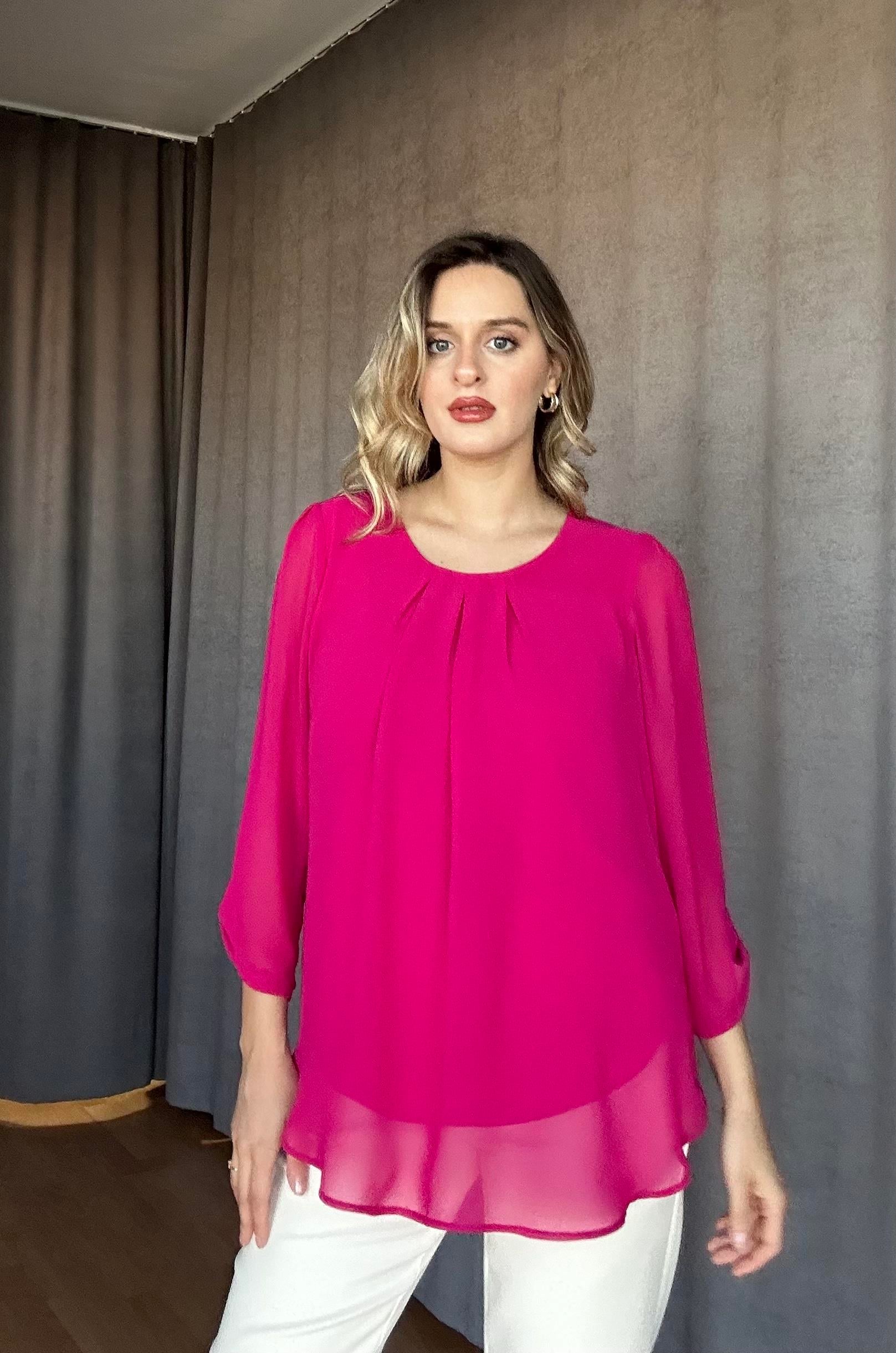 Yaka Pileli Şifon Bluz Pembe-Norveç