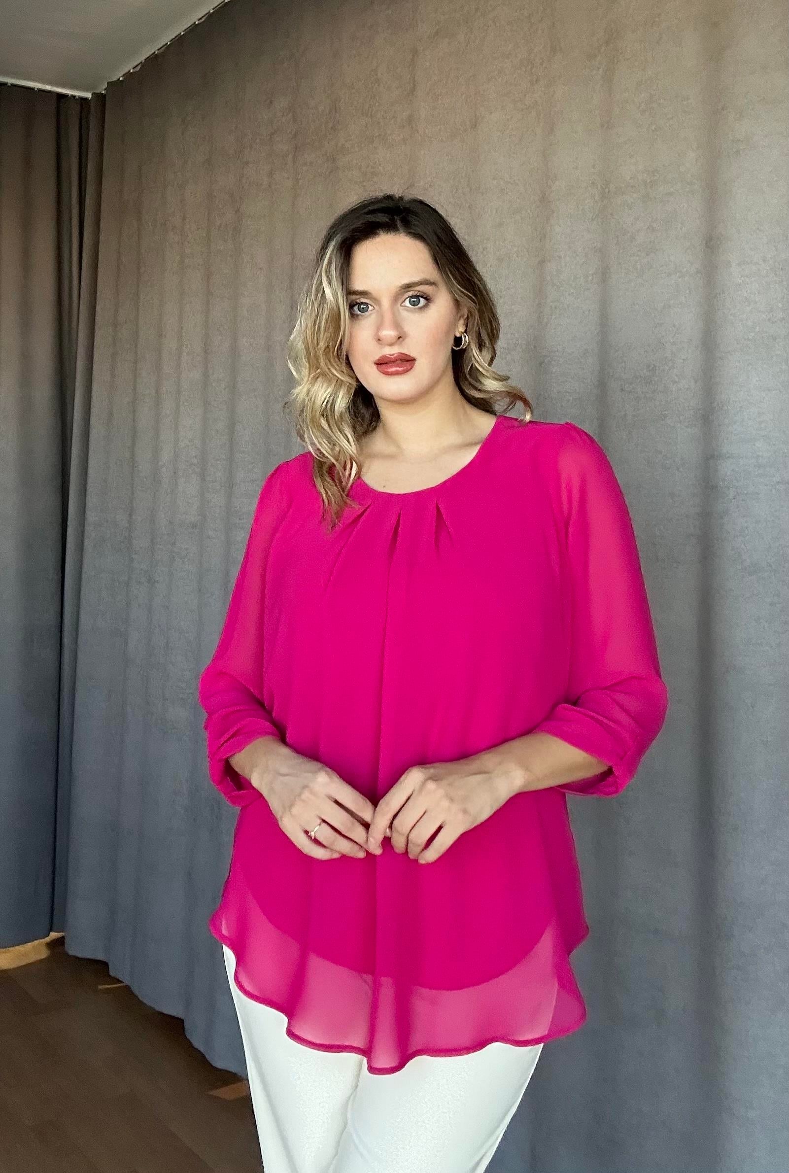 Yaka Pileli Şifon Bluz Pembe-Norveç