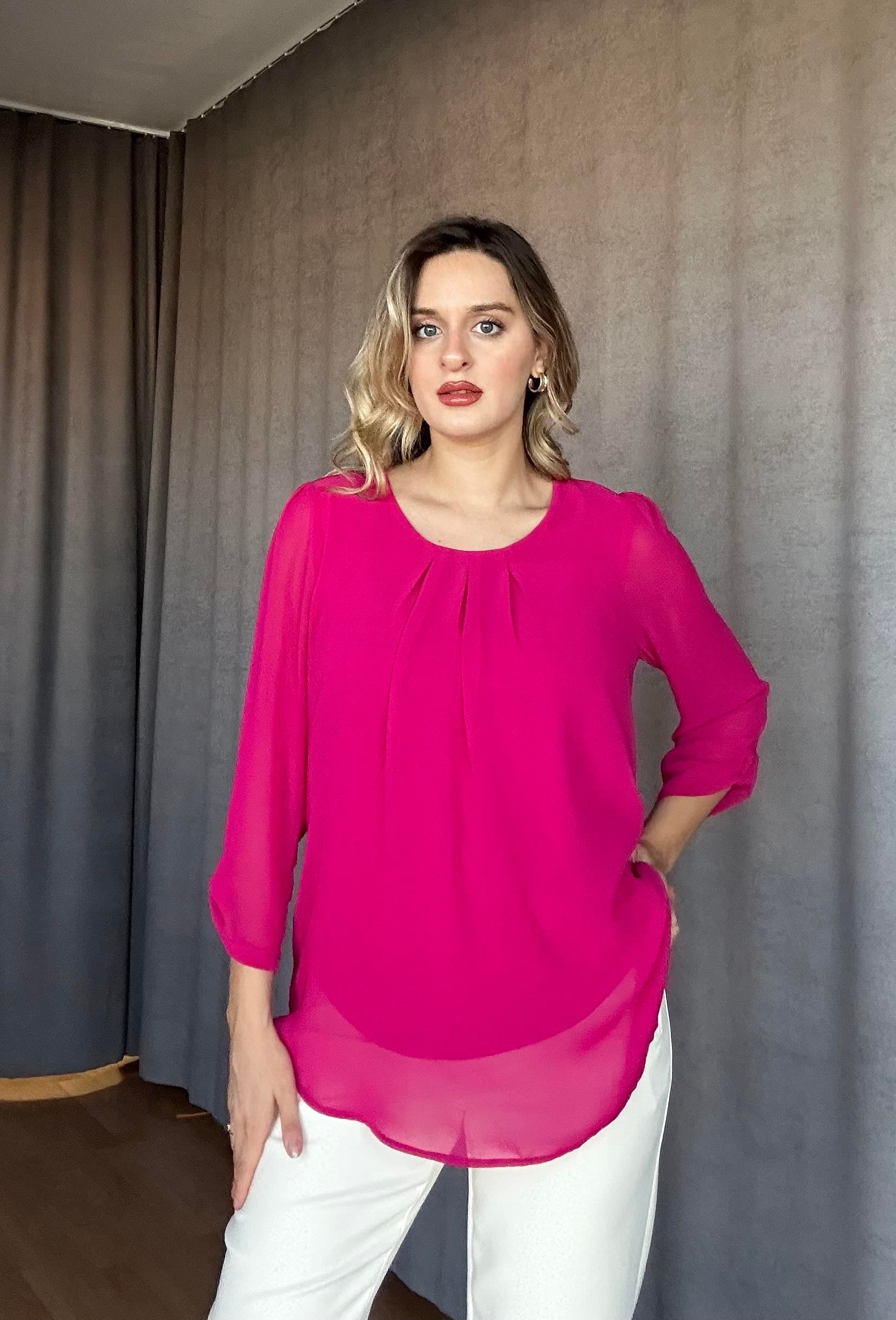 Yaka Pileli Şifon Bluz Pembe-Norveç