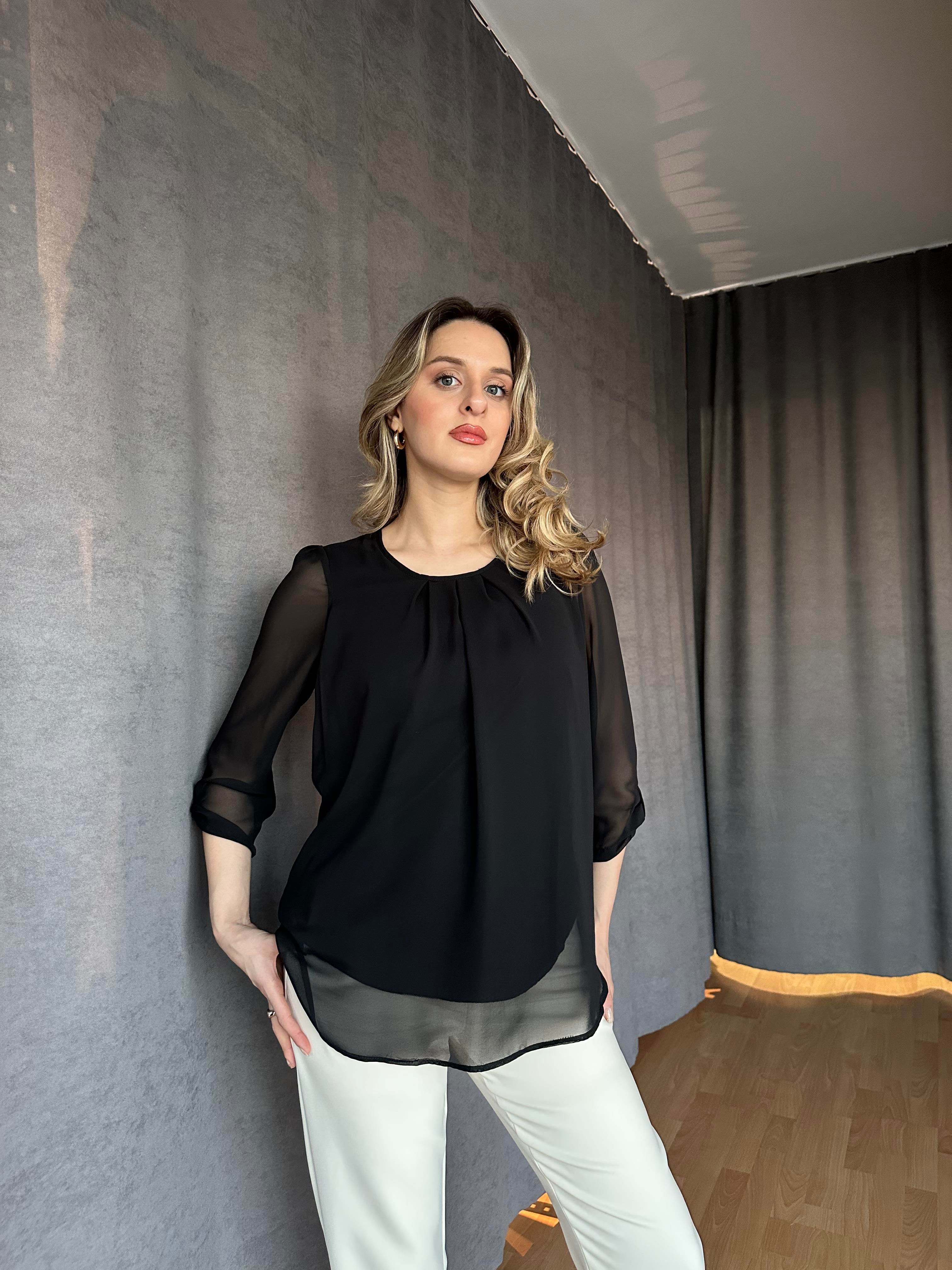 Yaka Pileli Şifon Bluz Siyah-Norveç