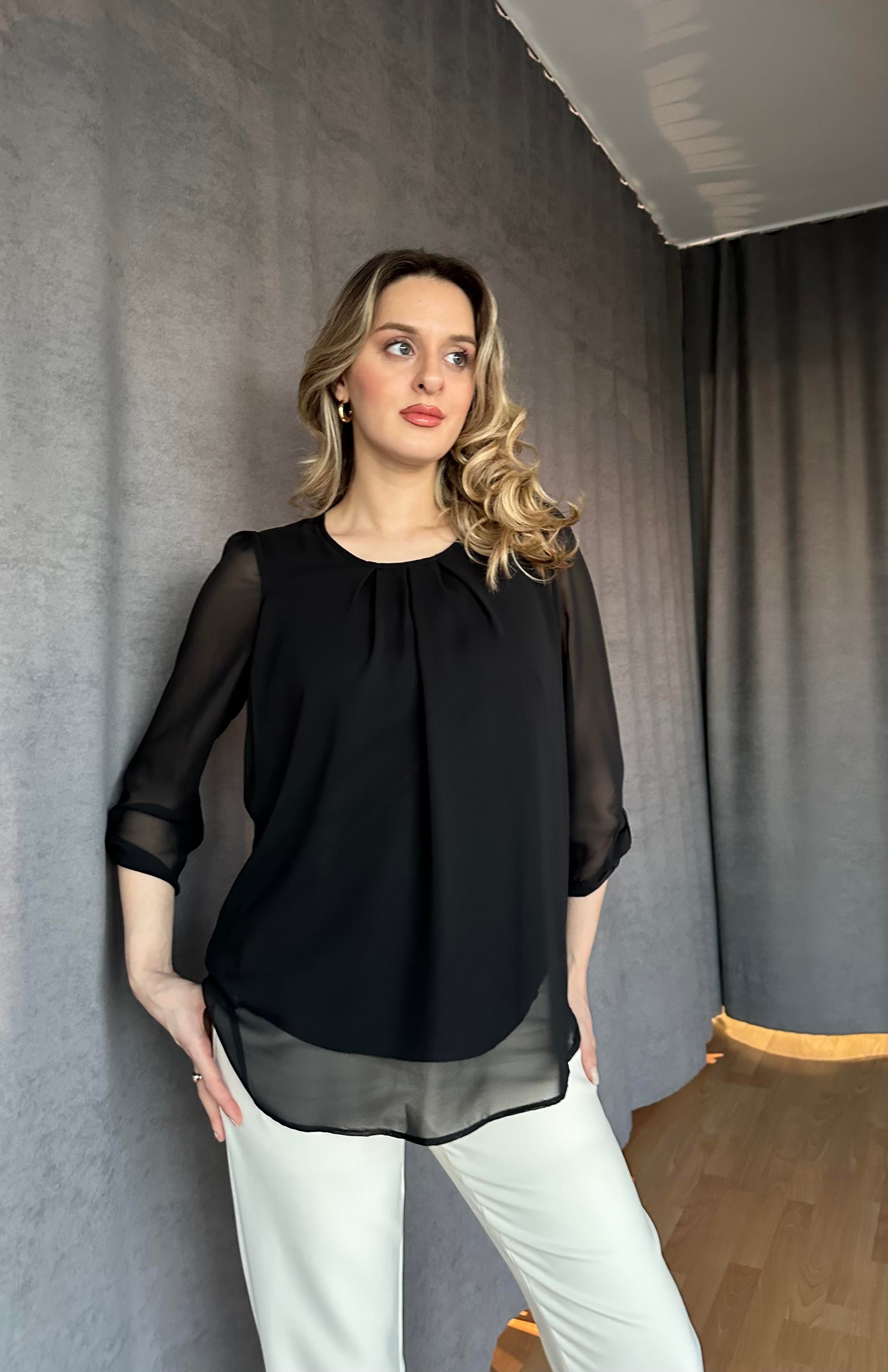 Yaka Pileli Şifon Bluz Siyah-Norveç