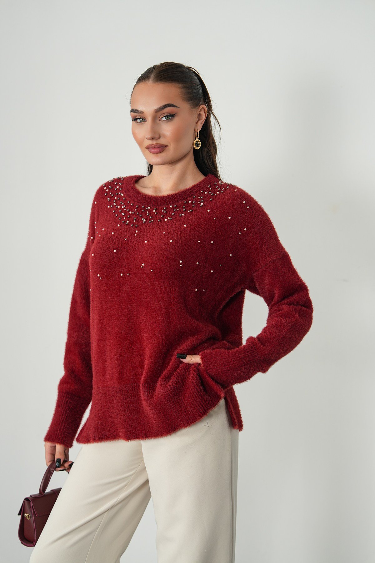 Yaka Taş İşlemeli Angora Tunik Kazak