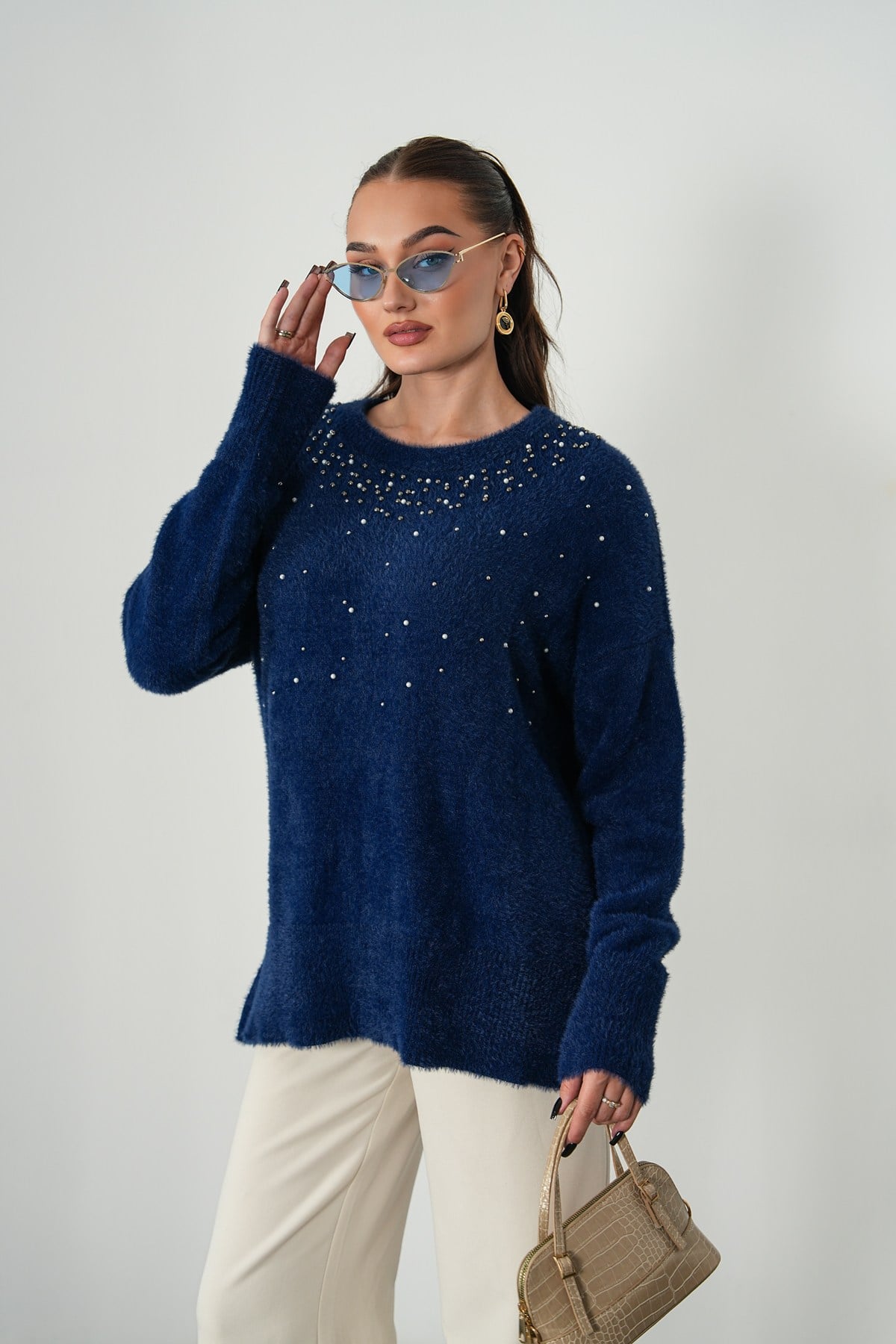 Yaka Taş İşlemeli Angora Tunik Kazak