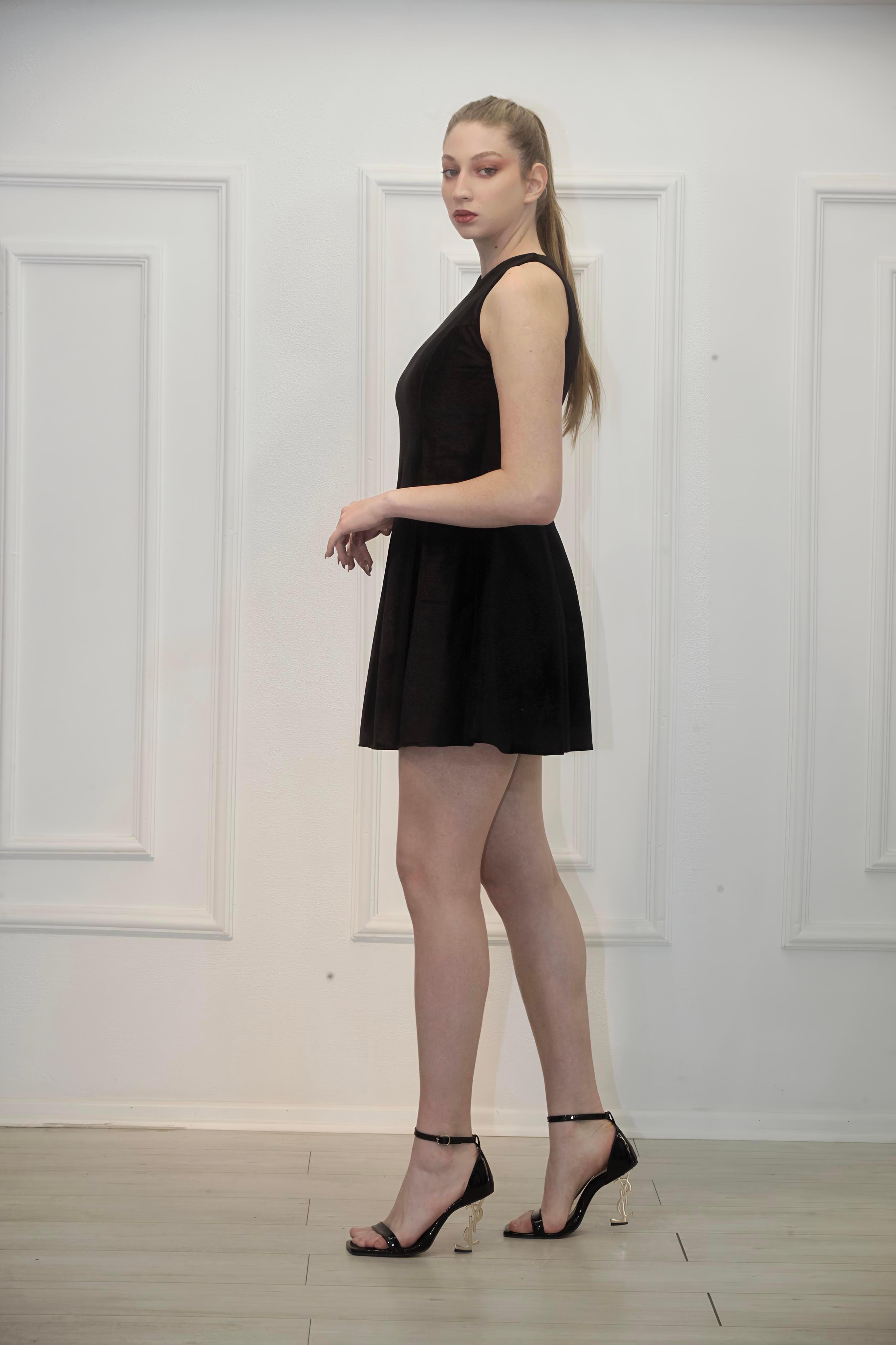 Kadife Kumaş Mini Elbise-Siyah