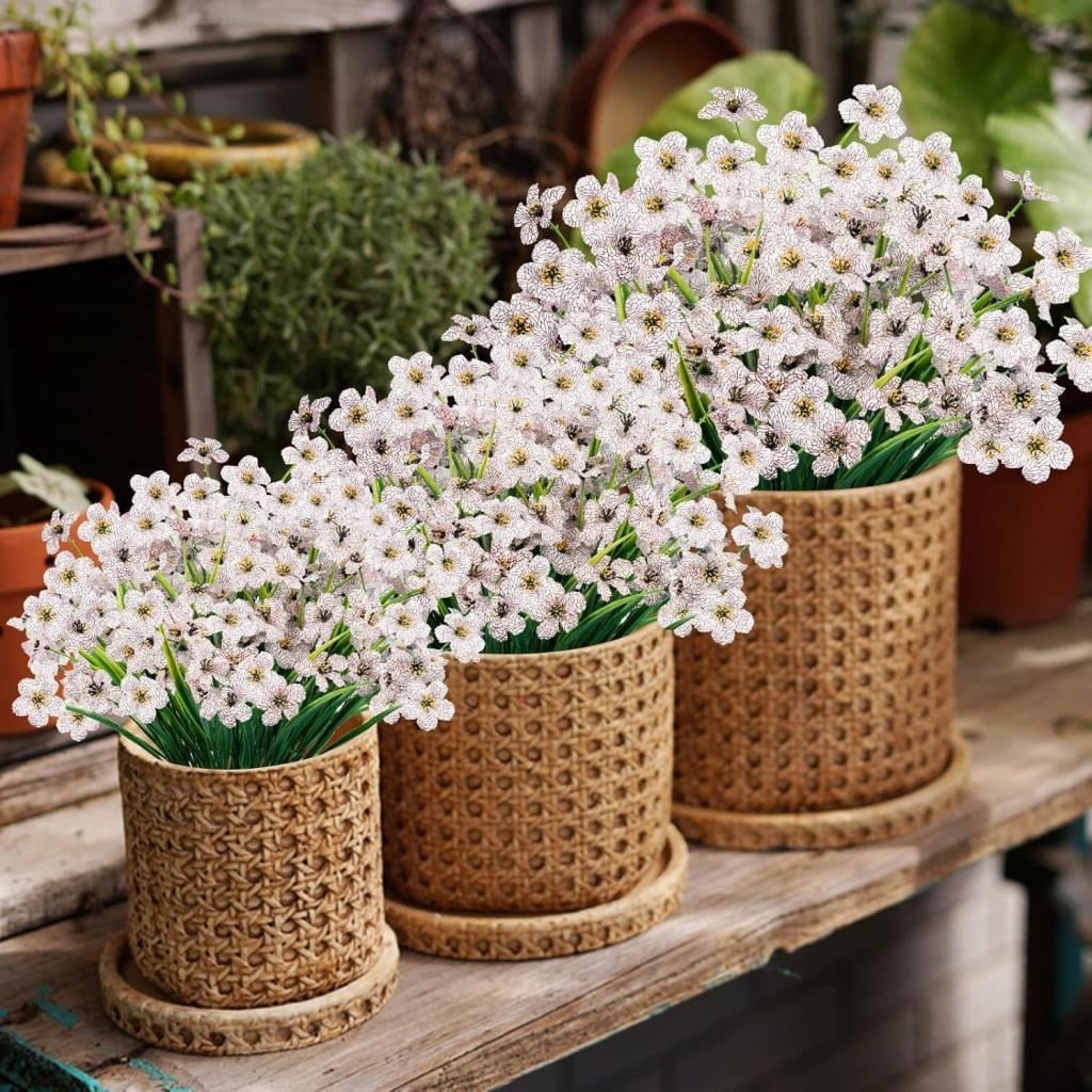 12li Set Yapay Çiçek Sazlı Mine Beyaz Renk 5 Dallı 33cm 