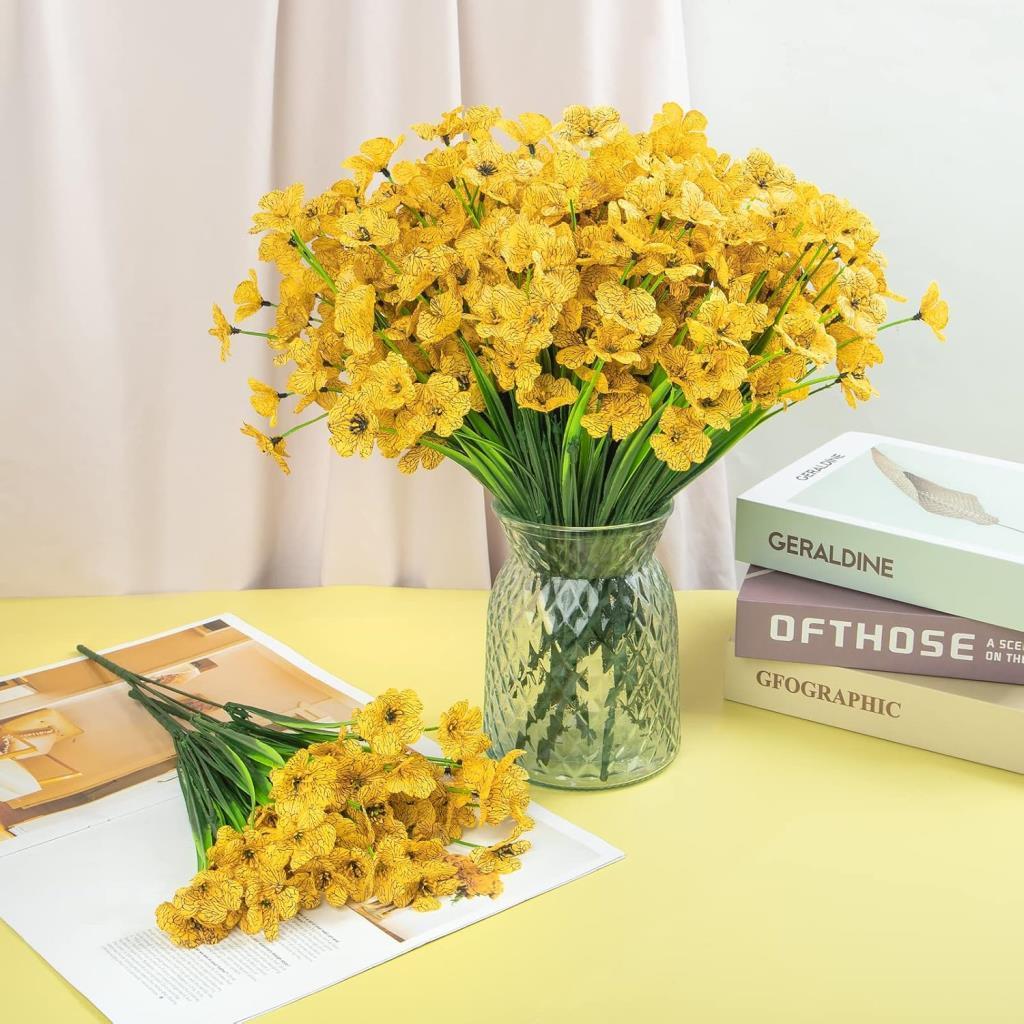 12li Set Yapay Çiçek Sazlı Mine Sarı Renk 5 Dallı 33cm 