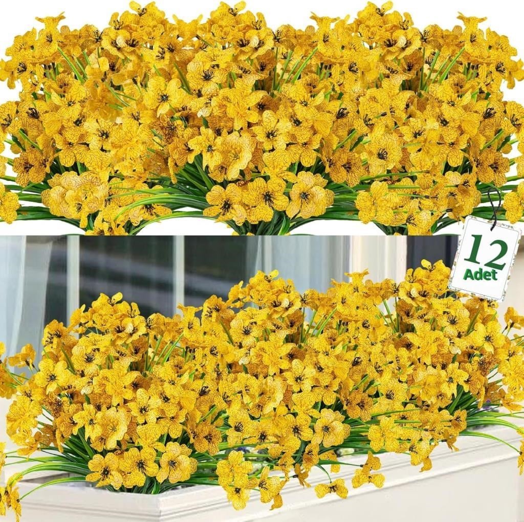 12li Set Yapay Çiçek Sazlı Mine Sarı Renk 5 Dallı 33cm 