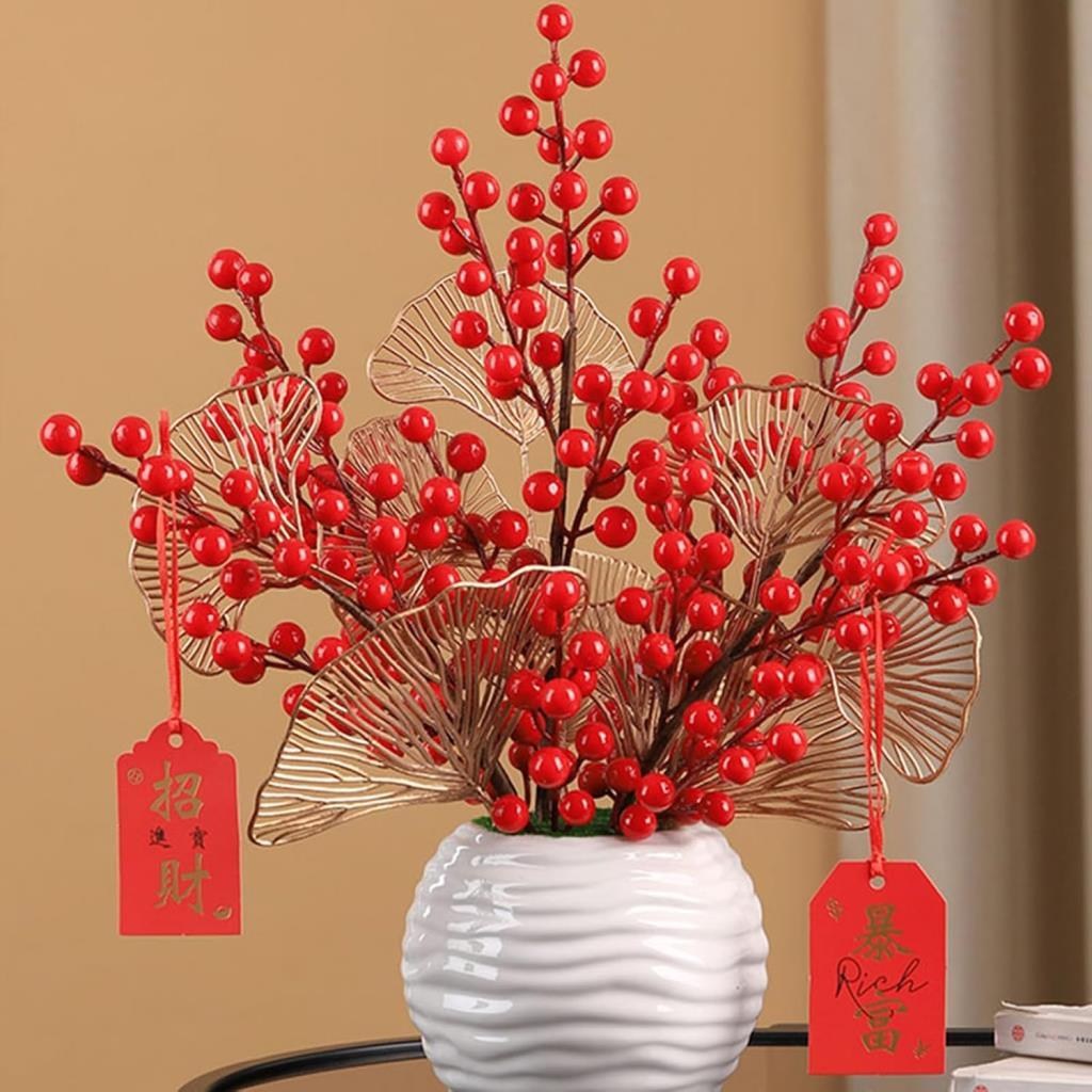 3 Adet Yapay Çiçek Kokina Uzun Dal 63cm Yılbaşı Çiçeği Red Berry