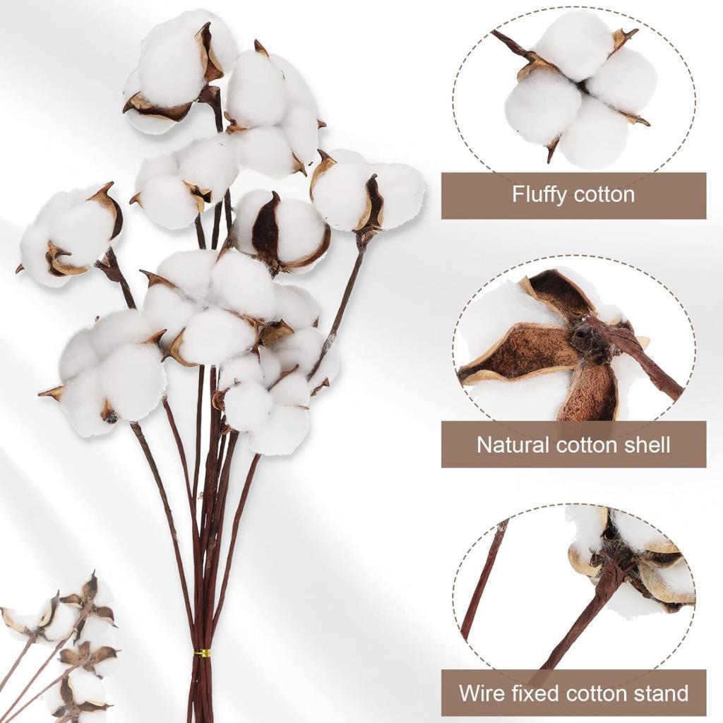 3lü Set Doğal Pamuk Çiçeği 30 Adet Tekli Dal Kuru Çiçek 30cm Yapay Çiçek