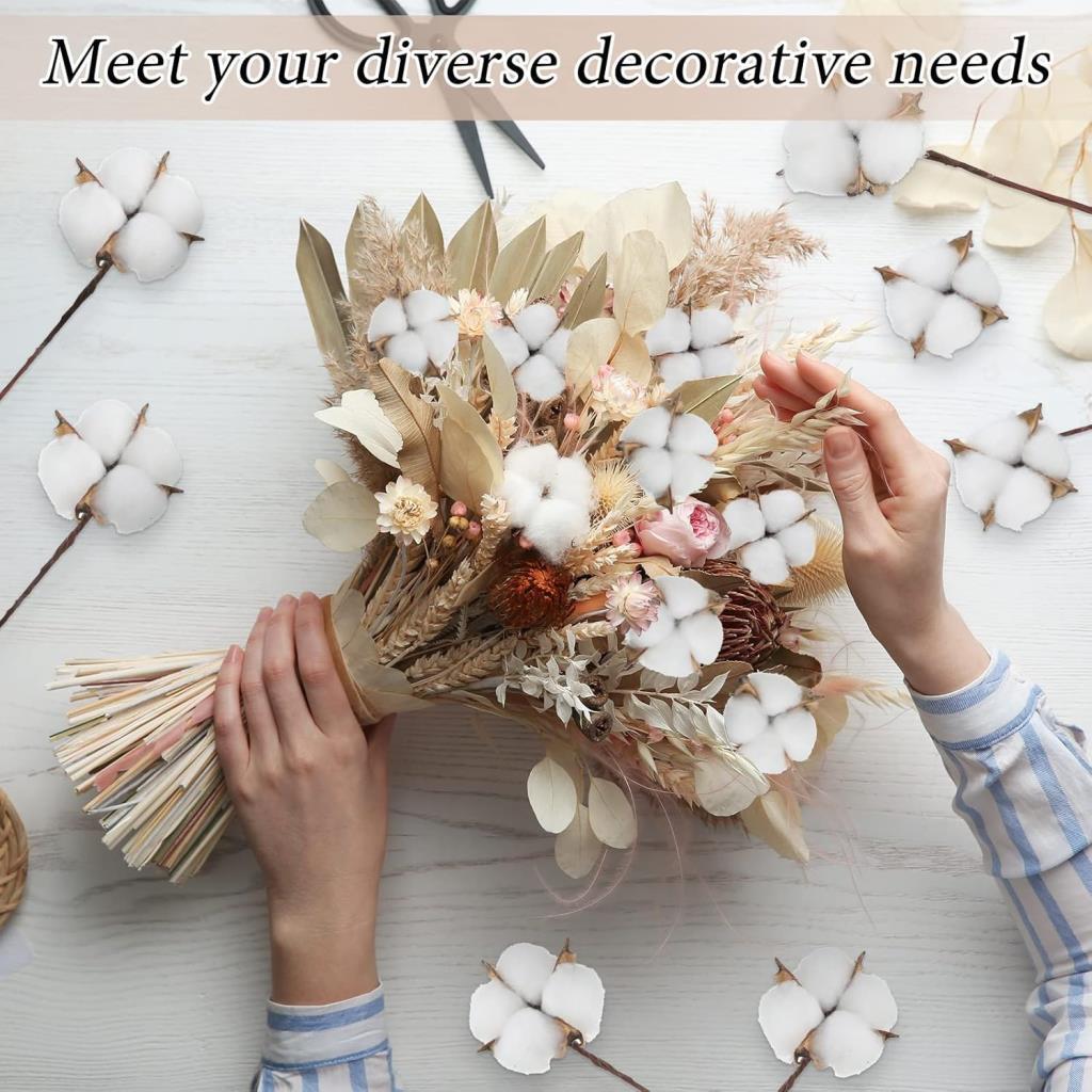 3lü Set Doğal Pamuk Çiçeği 30 Adet Tekli Dal Kuru Çiçek 30cm Yapay Çiçek