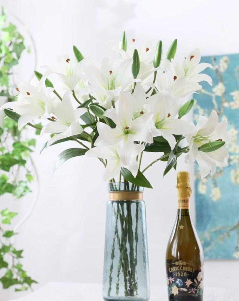 3lü Set Yapay Çiçek Beyaz Lilyum 3 Kafalı Uzun Dal Çiçek Zambak Lily Flowers 80cm