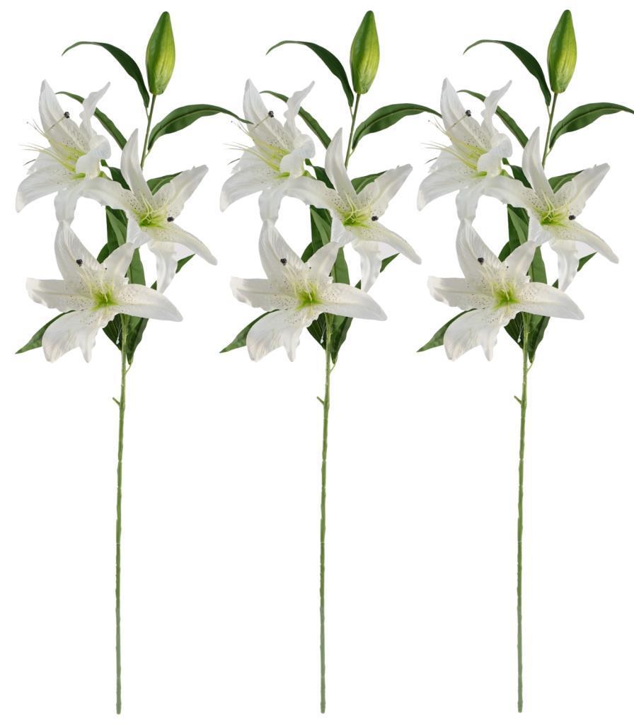 3lü Set Yapay Çiçek Beyaz Lilyum 3 Kafalı Uzun Dal Çiçek Zambak Lily Flowers 80cm