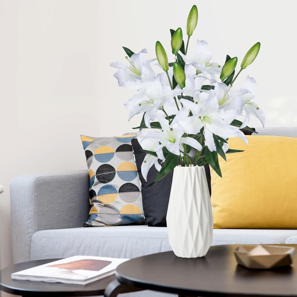 3lü Set Yapay Çiçek Beyaz Lilyum 3 Kafalı Uzun Dal Çiçek Zambak Lily Flowers 80cm