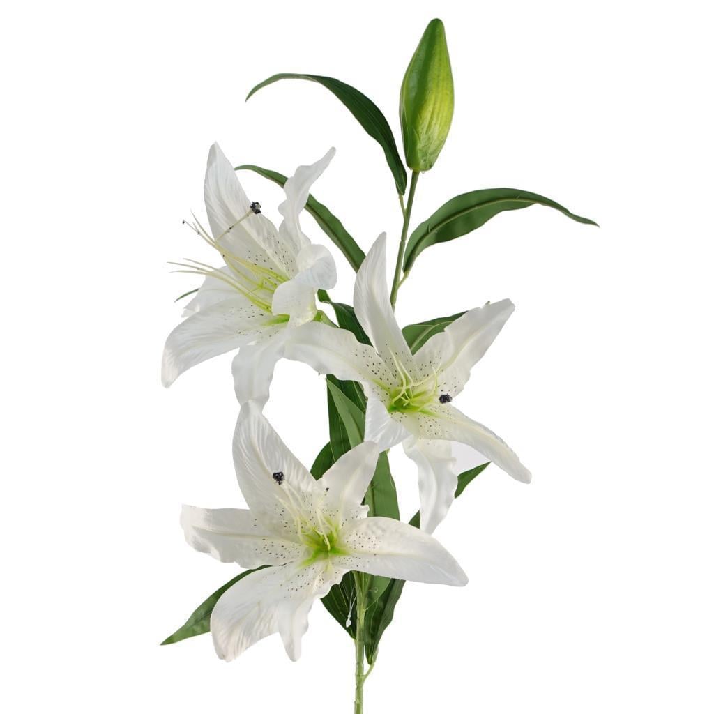 3lü Set Yapay Çiçek Beyaz Lilyum 3 Kafalı Uzun Dal Çiçek Zambak Lily Flowers 80cm
