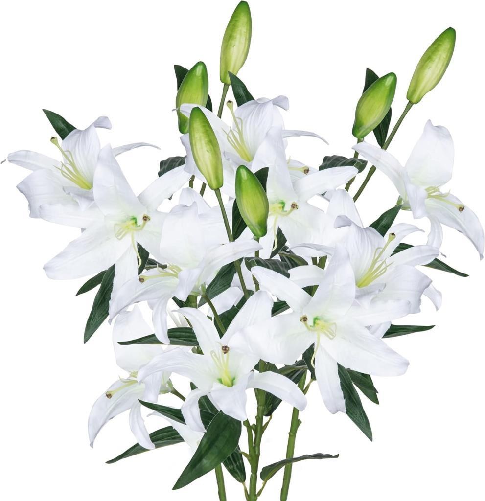 3lü Set Yapay Çiçek Beyaz Lilyum 3 Kafalı Uzun Dal Çiçek Zambak Lily Flowers 80cm