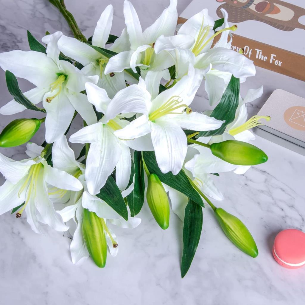 3lü Set Yapay Çiçek Beyaz Lilyum 3 Kafalı Uzun Dal Çiçek Zambak Lily Flowers 80cm