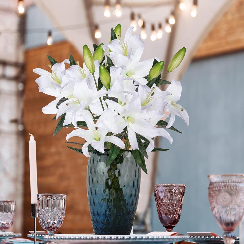 3lü Set Yapay Çiçek Beyaz Lilyum 3 Kafalı Uzun Dal Çiçek Zambak Lily Flowers 80cm