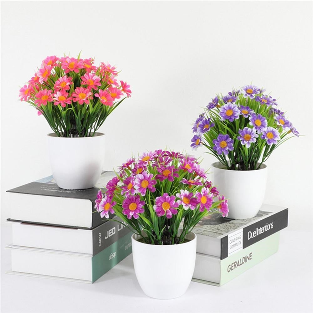 3lü Set Yapay Çiçek Papatya Beyaz Saksıda Karışık Renkler